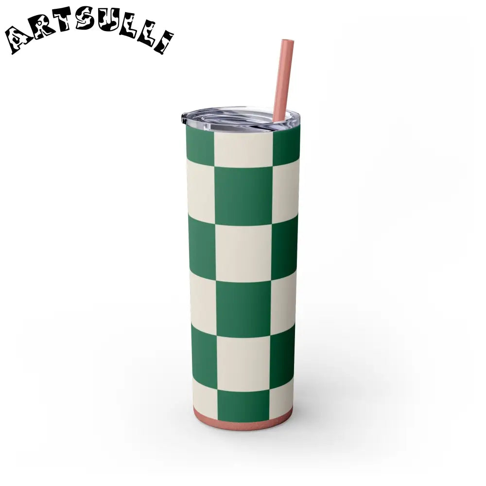 JAKKOUTTHEBXX Checkerboard Dark Green Skinny Tumbler with Straw 20oz