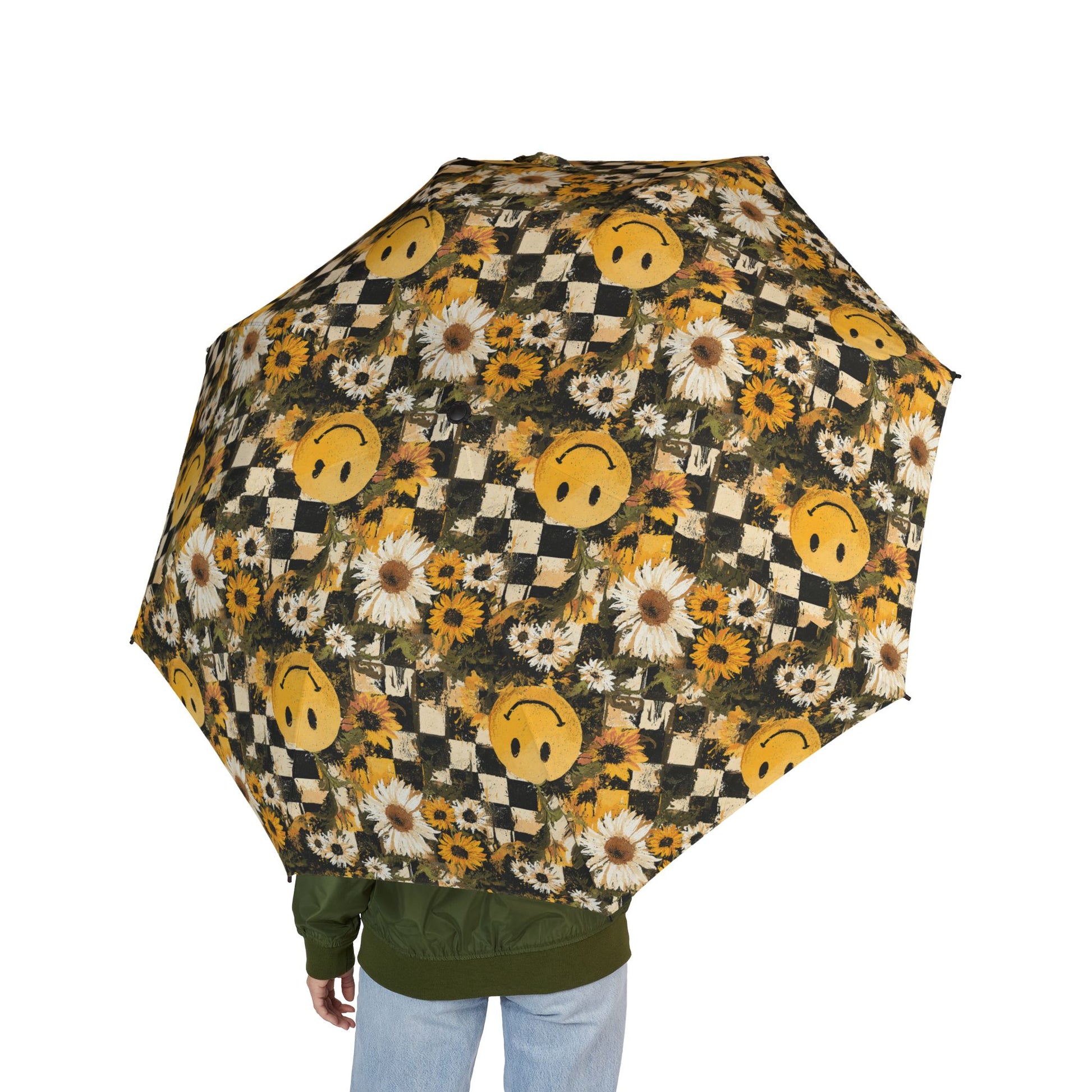 Smiley Face x Checkerboard x Sunflowers x Trippy x Vintage Black and Yellow Semi-Automatic Foldable Umbrella, Artsulli - Art is Long, Life is Short, Accessories, , , , , , , 