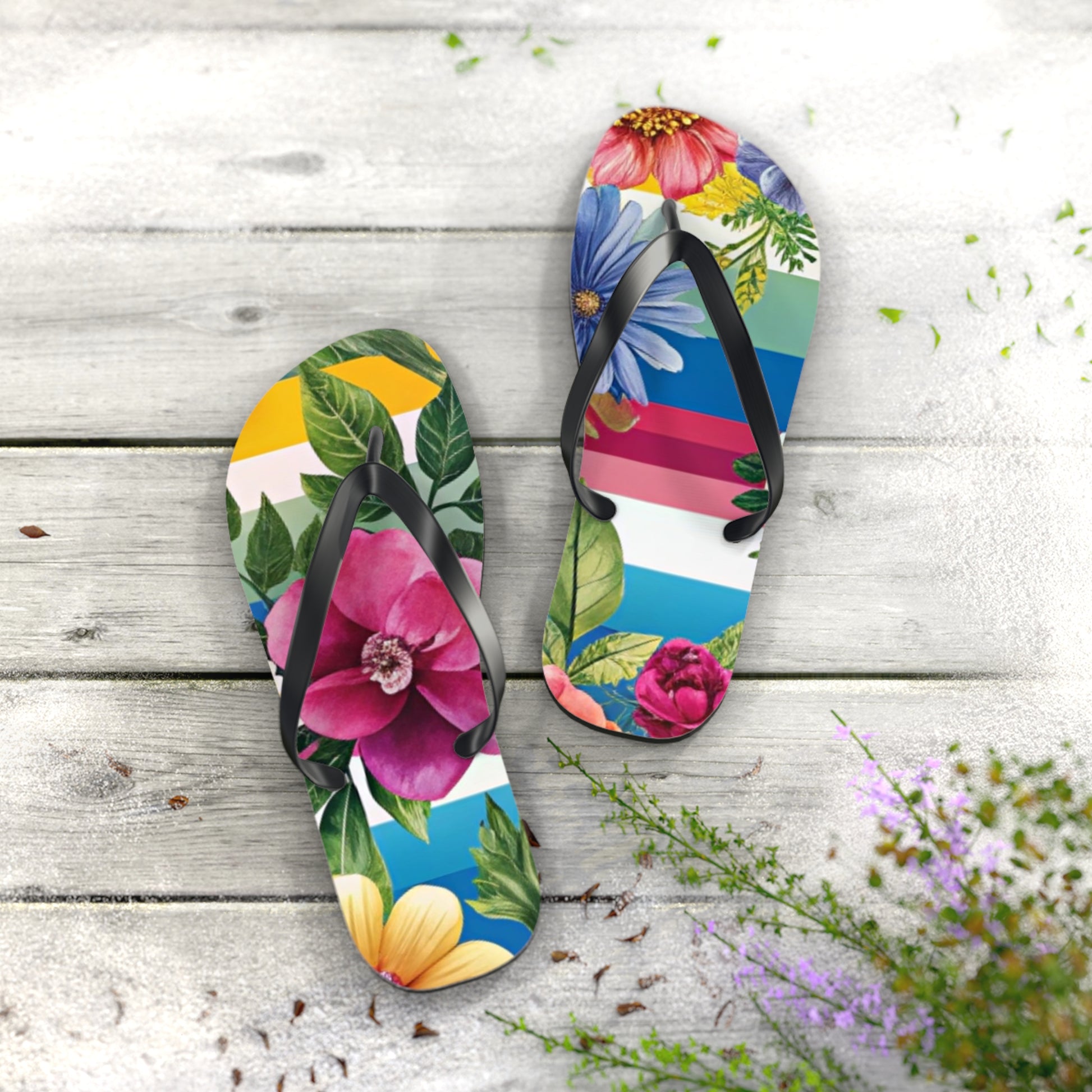 Floral Stripe 4K Flip Flops, Artsulli - Art is Long, Life is Short, Shoes, , , , , , , 