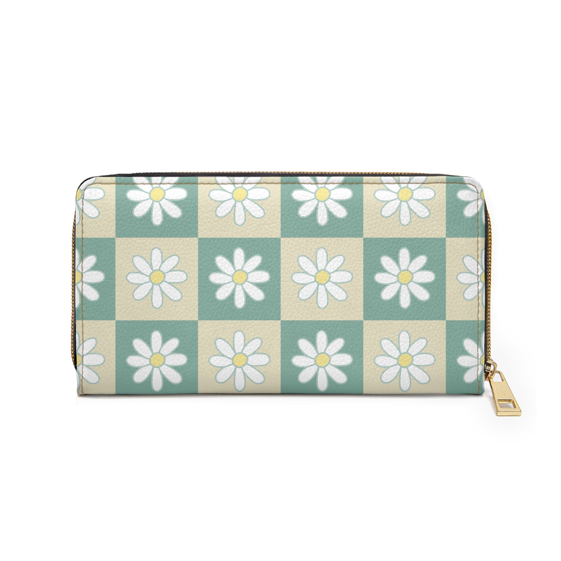 Retro Daisy Checkerboard Green and Tan Zipper Wallet, Artsulli - Art is Long, Life is Short, Accessories, , , , , , , 