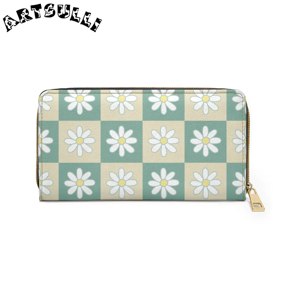 JAKKOUTTHEBXX Retro Daisy Checkerboard Green and Tan Zipper Wallet