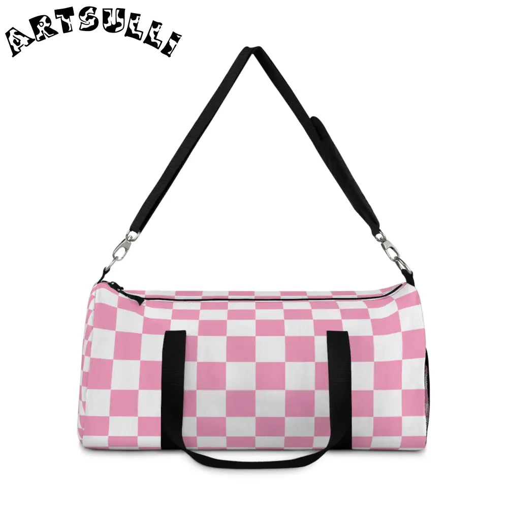 JAKKOUTTHEBXX Checkerboard Hot Pink and White Duffel Bag