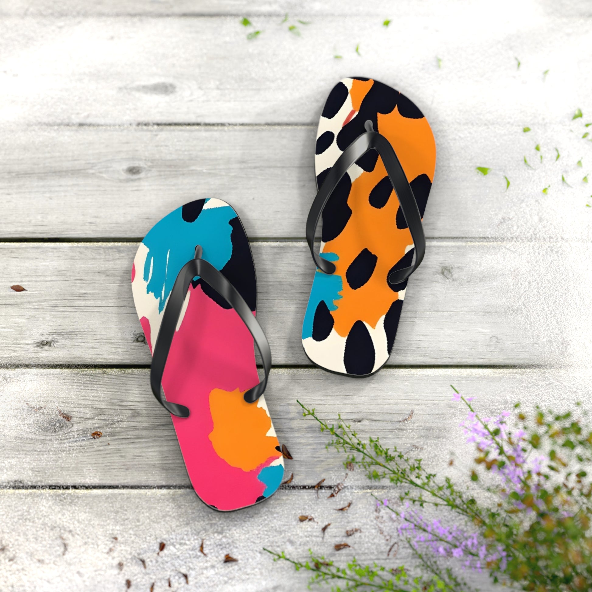 Wild Brush Strokes x Animal Print Multi-Color Flip Flops, Artsulli - Art is Long, Life is Short, Shoes, , , , , , , 