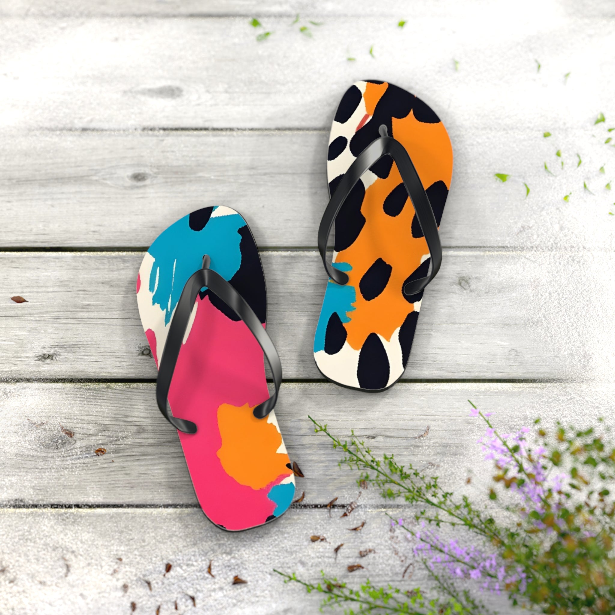 Wild Brush Strokes x Animal Print Multi-Color Flip Flops, Artsulli - Art is Long, Life is Short, Shoes, , , , , , , 