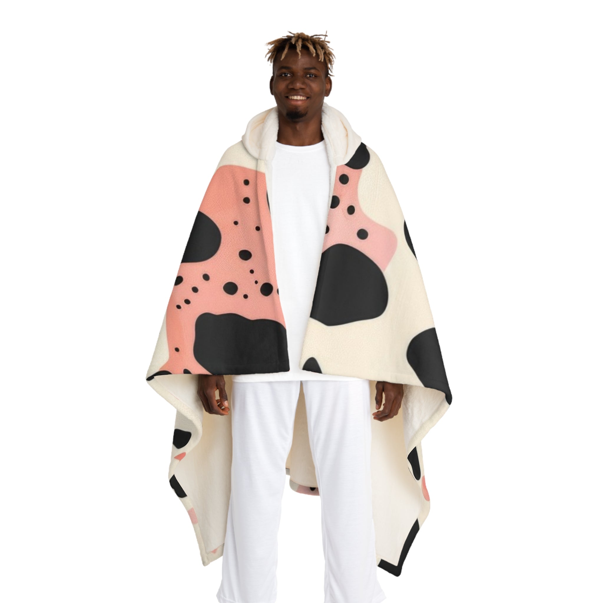 Organic Cow Print Cream and Pink Hooded Sherpa Fleece Blanket, Artsulli - Art is Long, Life is Short, All Over Prints, Size, One size, Color, Cream, , , 84919682775358