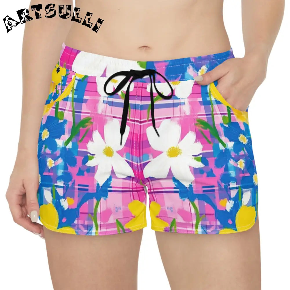 JAKKOUTTHEBXX Plaid Garden Pink and Purple Women’s Casual Shorts