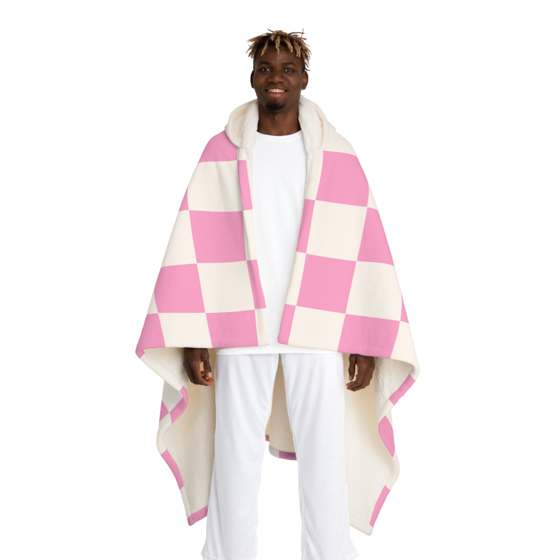 Checkerboard Hot Pink and White Hooded Sherpa Fleece Blanket, Artsulli - Art is Long, Life is Short, All Over Prints, Size, One size, Color, Cream, , , 22653776300751185580