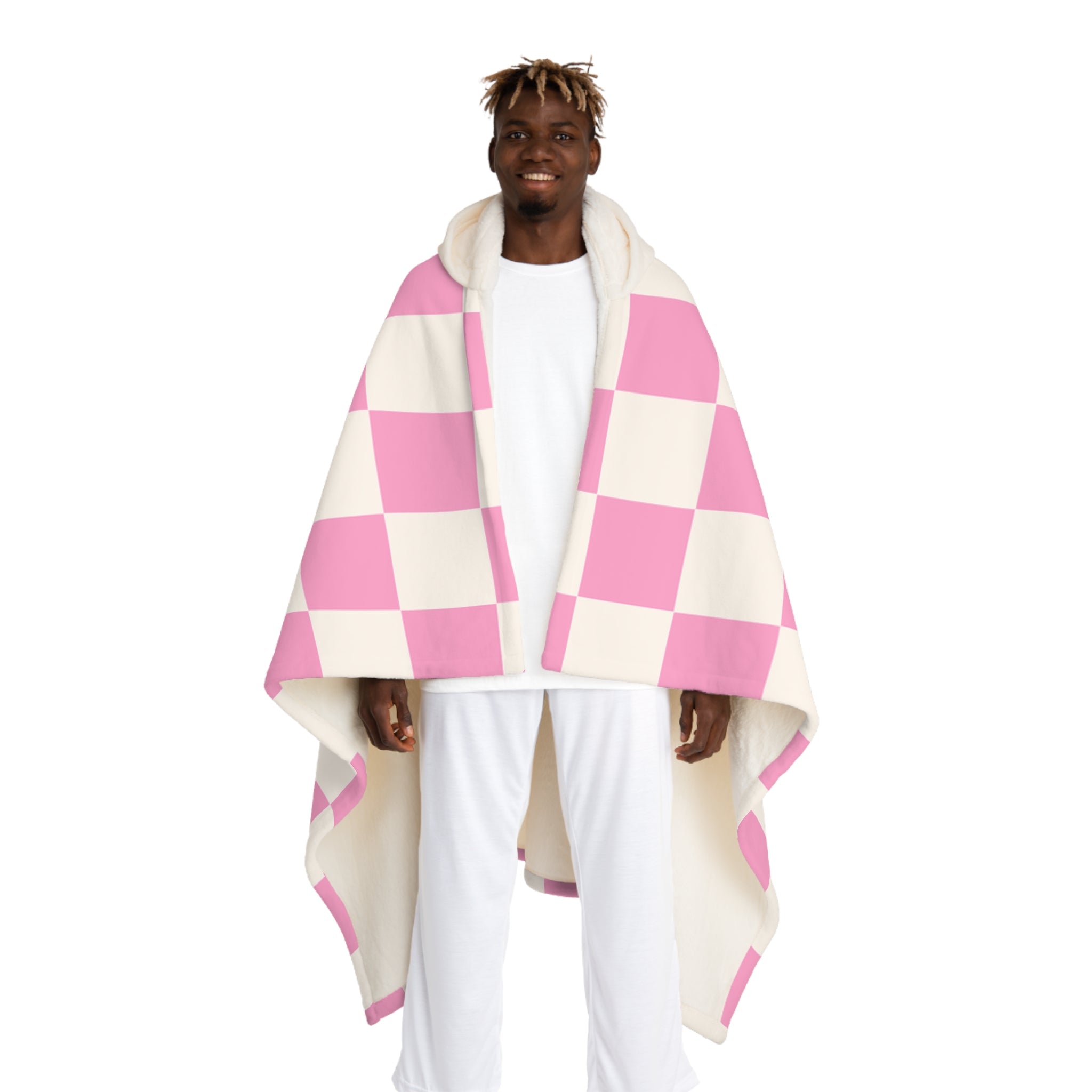 Checkerboard Hot Pink and White Hooded Sherpa Fleece Blanket, Artsulli - Art is Long, Life is Short, All Over Prints, Size, One size, Color, Cream, , , 22653776300751185580