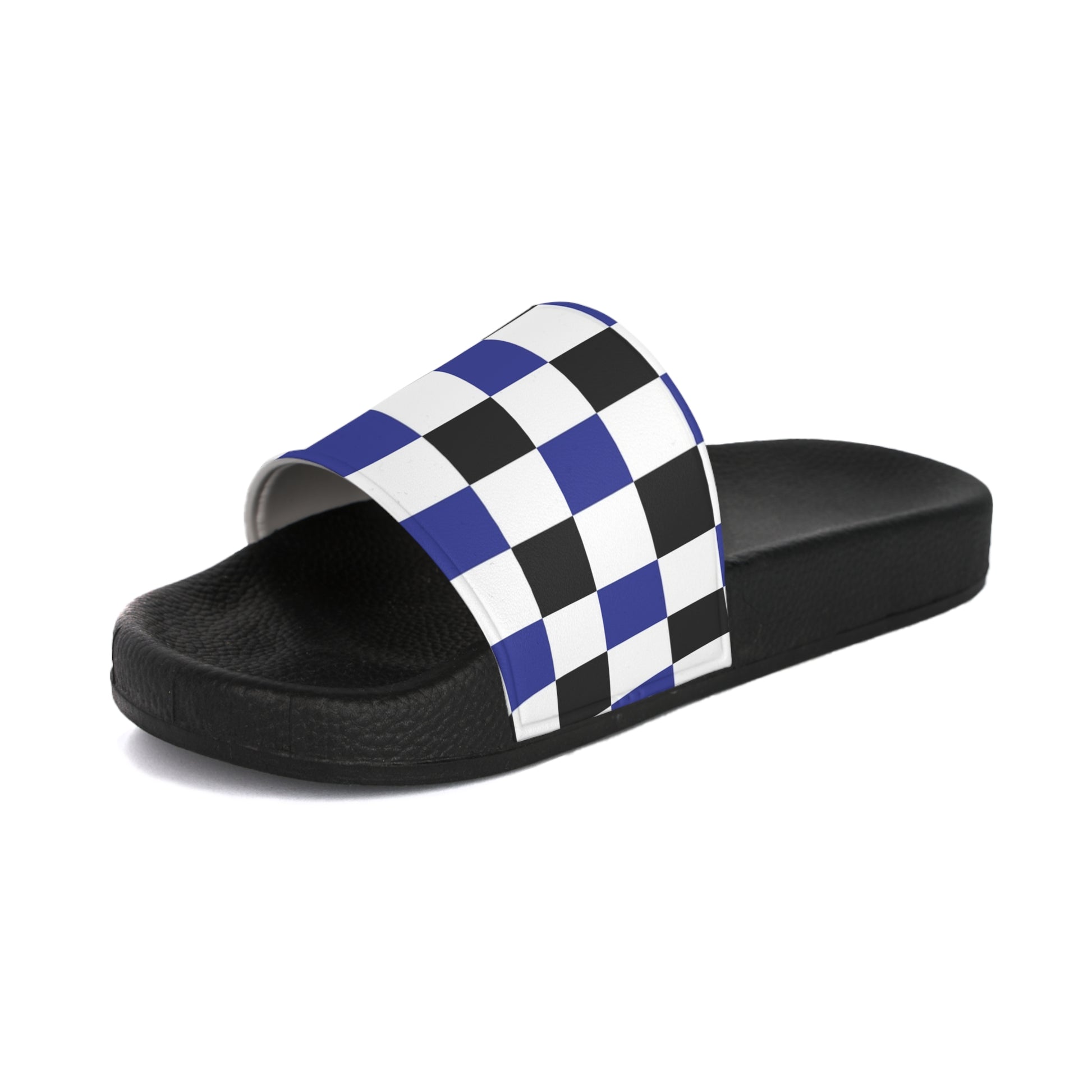 Checkerboard Blue White and Black Women's Slide Sandals, Artsulli - Art is Long, Life is Short, Shoes, , , , , , , 