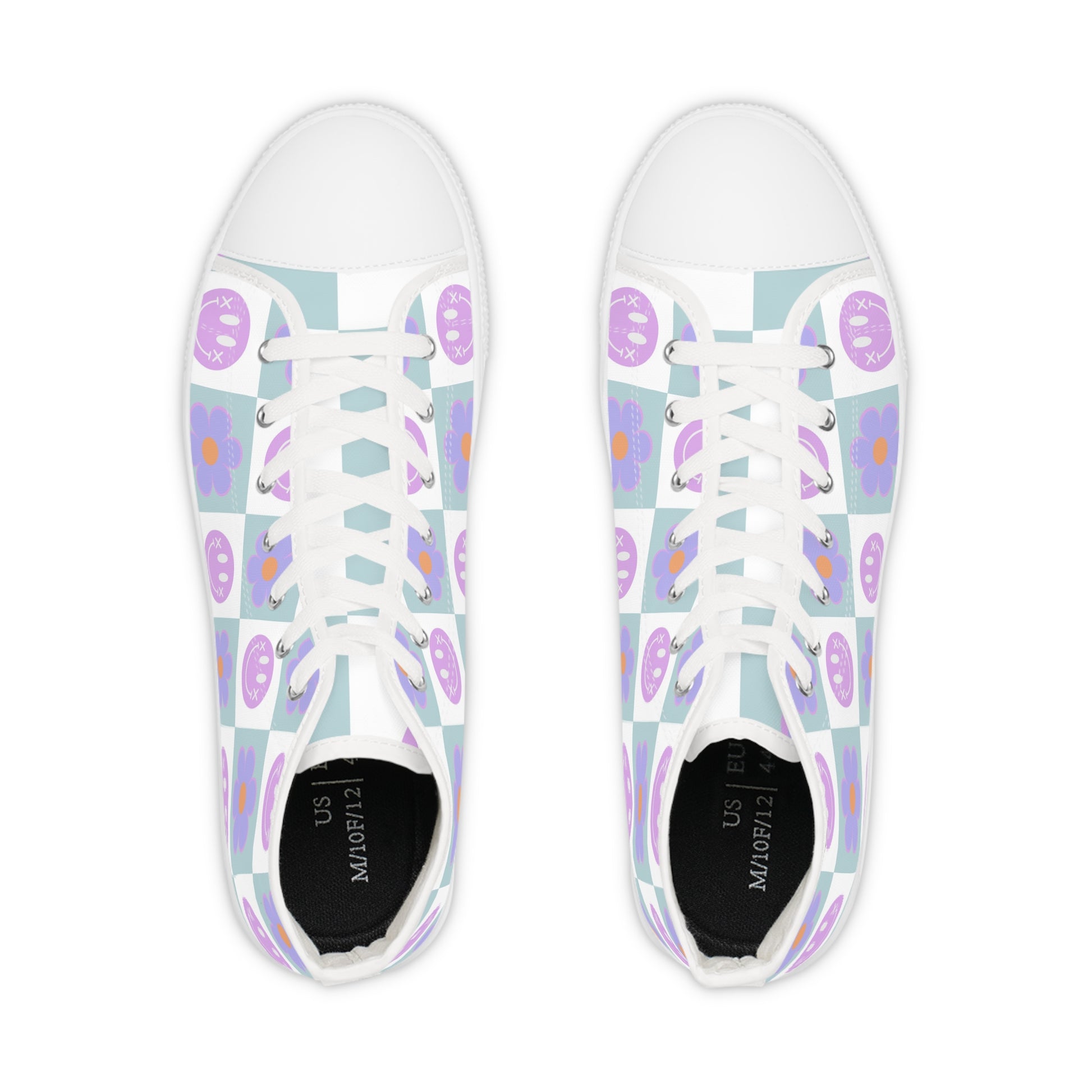 Flower x Smiley Face x Checkerboard Purple Men's High Top Sneakers, Artsulli - Art is Long, Life is Short, Shoes, , , , , , , 