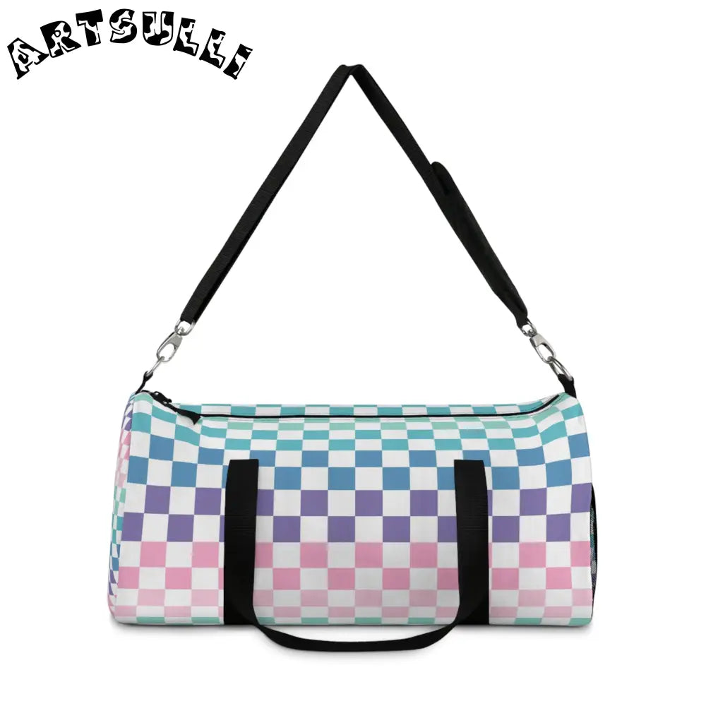 JAKKOUTTHEBXX Vaporwave Rainbow Checkerboard Multi-Color Duffel Bag