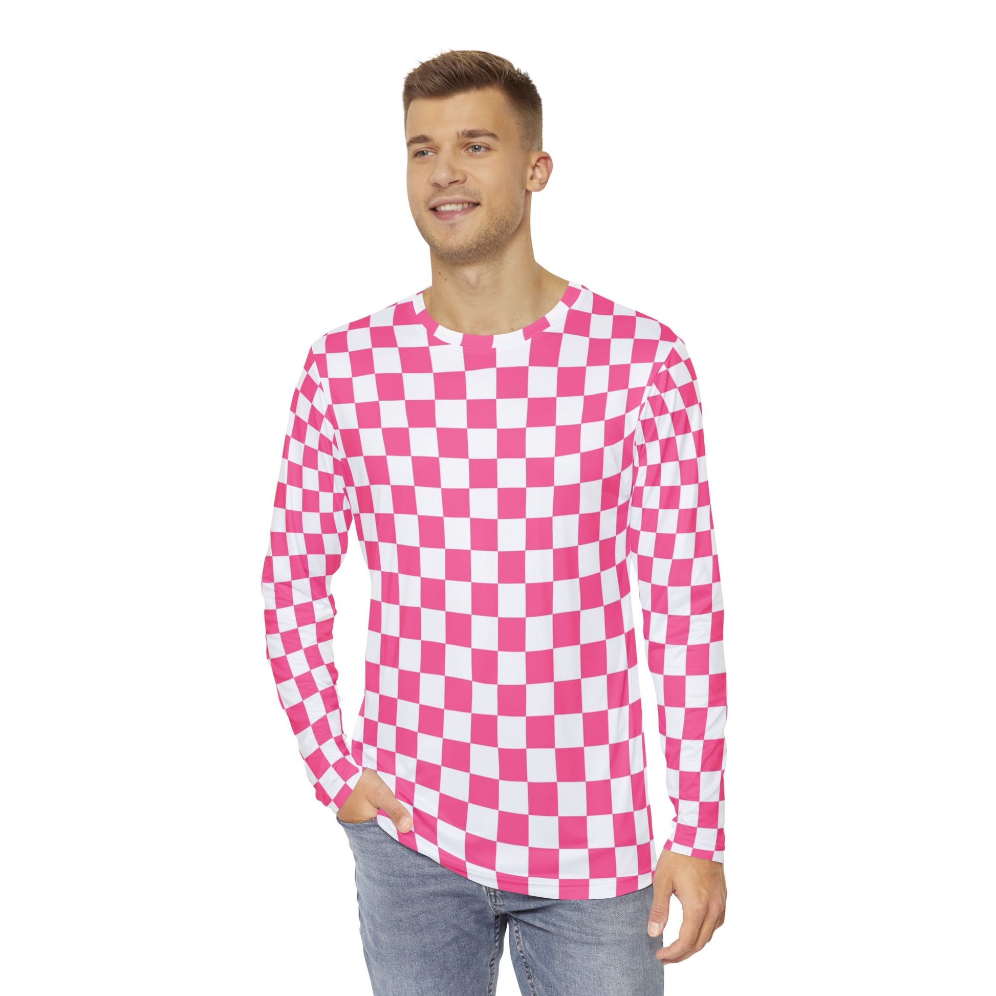 Yuyushiki Pink Check Men's Long Sleeve Shirt (AOP), Artsulli - Art is Long, Life is Short, All Over Prints, , , , , , , 