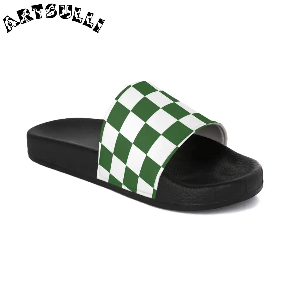 JAKKOUTTHEBXX Checkerboard White and Dark Green Men’s Slide Sandals
