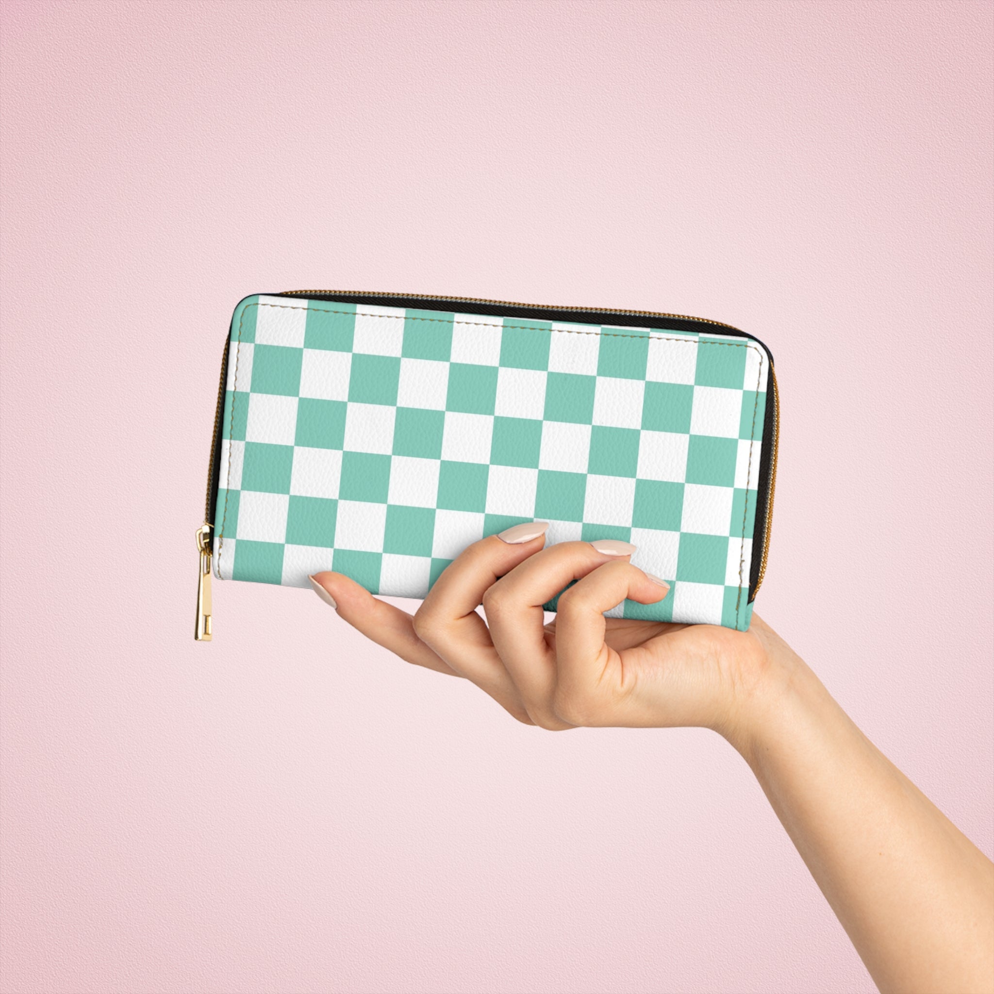 Checkerboard Light Green Zipper Wallet, Artsulli - Art is Long, Life is Short, Accessories, , , , , , , 