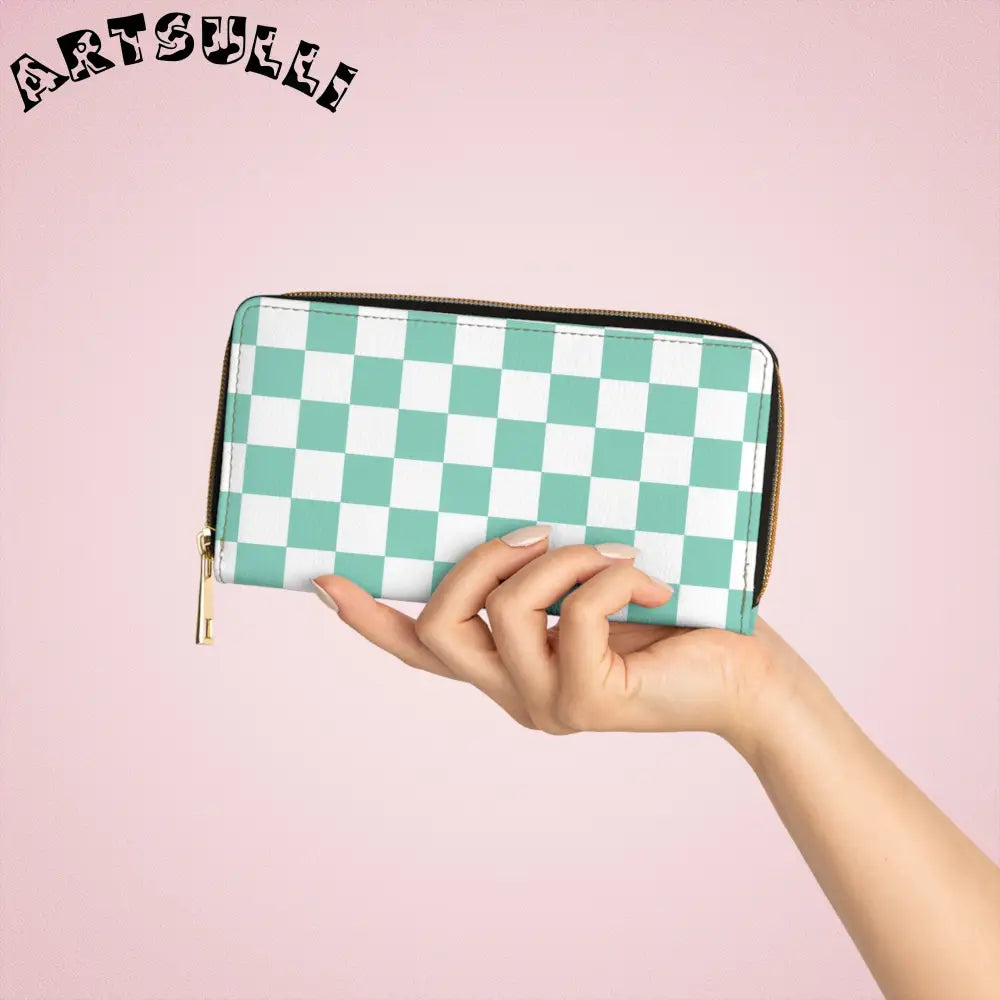 JAKKOUTTHEBXX Checkerboard Light Green Zipper Wallet JAKKOUTTHEBXX