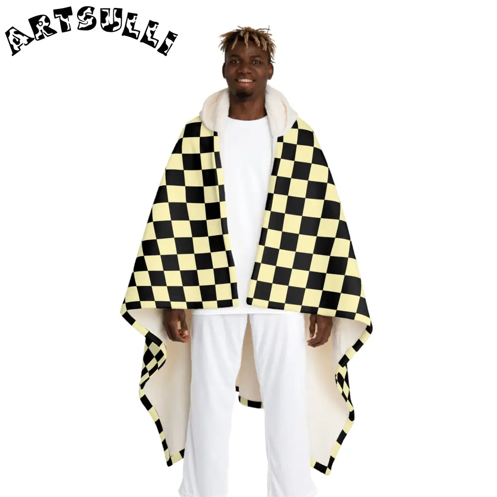 JAKKOUTTHEBXX Checkerboard II Black and Yellow Hooded Sherpa Fleece