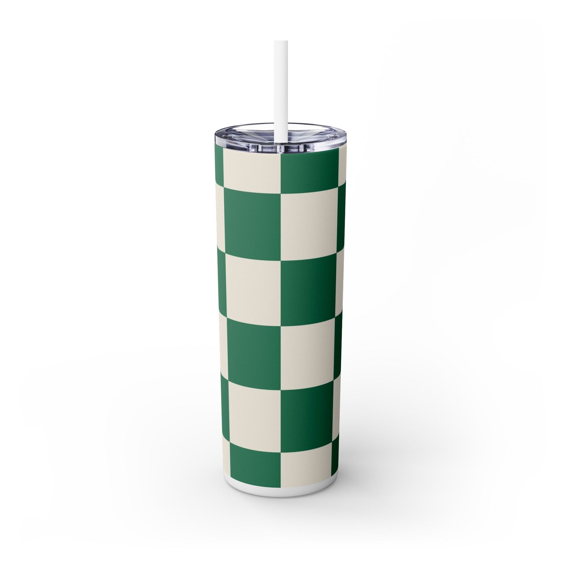 Checkerboard Dark Green Skinny Tumbler with Straw, 20oz, Artsulli - Art is Long, Life is Short, Mug, , , , , , , 