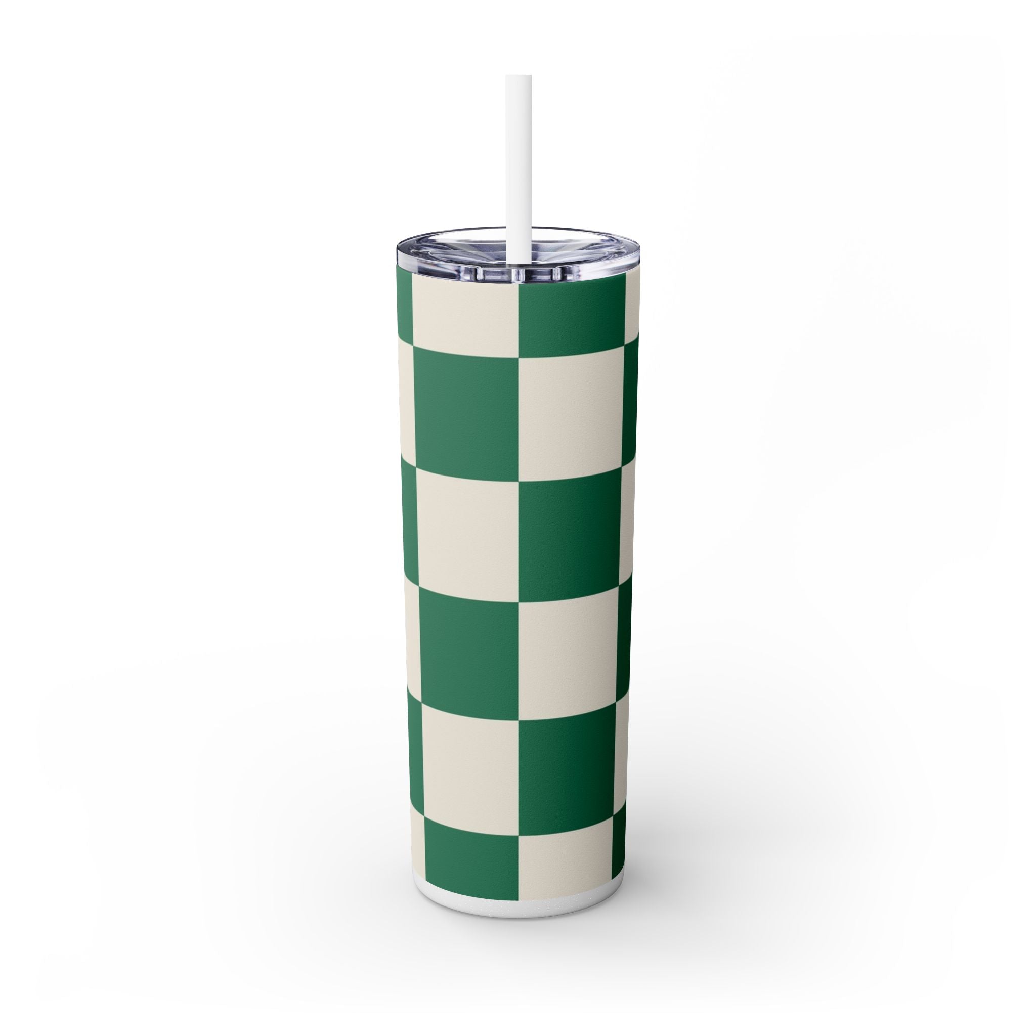 Checkerboard Dark Green Skinny Tumbler with Straw, 20oz, Artsulli - Art is Long, Life is Short, Mug, , , , , , , 