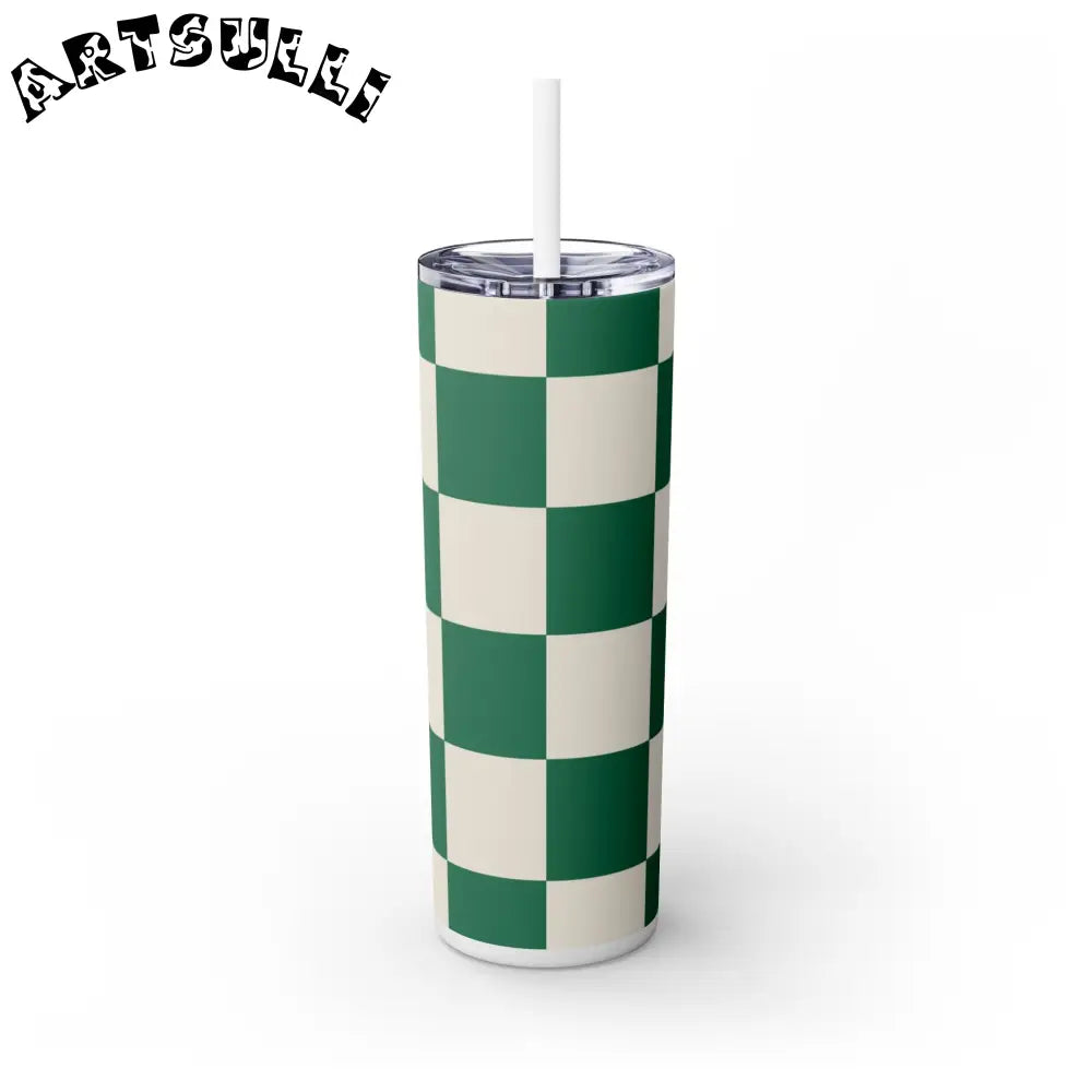 JAKKOUTTHEBXX Checkerboard Dark Green Skinny Tumbler with Straw 20oz