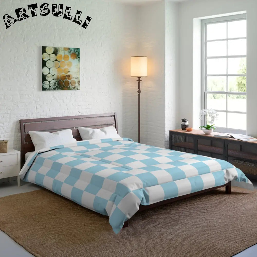 JAKKOUTTHEBXX Checkerboard Sky Blue Comforter JAKKOUTTHEBXX Artsulli