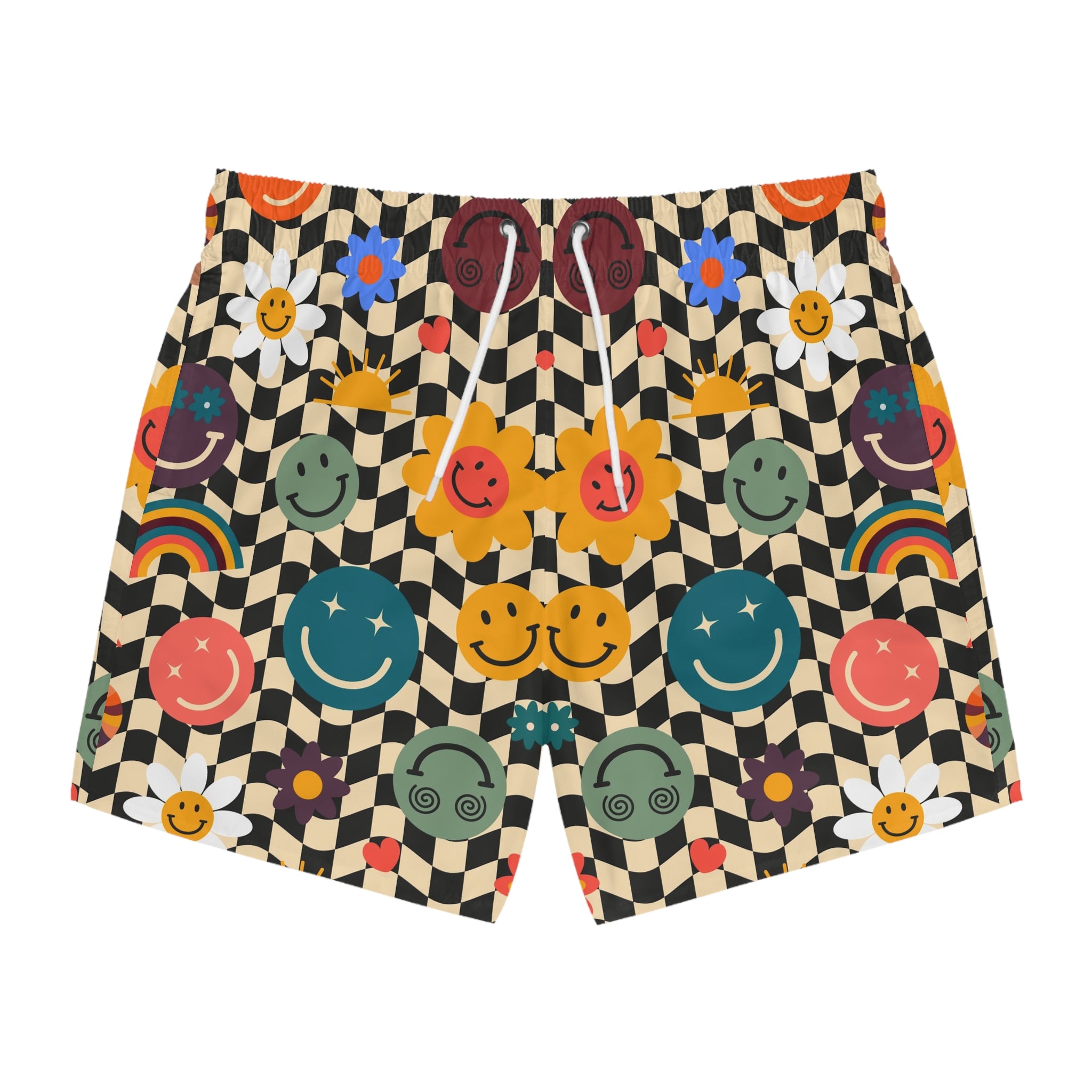 Trippy x Wavy Checkerboard x Smiley Face x Rainbow x Flowers Multi-Color Swim Trunks (AOP), Artsulli - Art is Long, Life is Short, All Over Prints, Size, XS, Color, Seam thread color automatically matched to design, , , 27207649570279031134