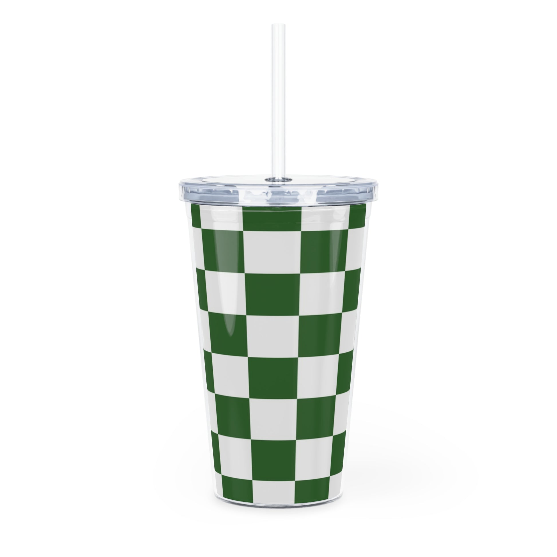 Checkerboard White and Dark Green Plastic Tumbler with Straw, Artsulli - Art is Long, Life is Short, Mug, , , , , , , 