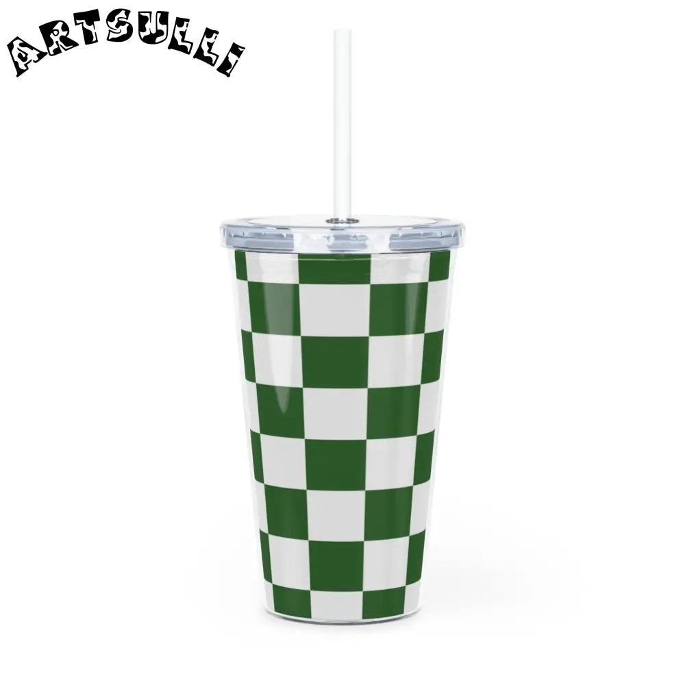JAKKOUTTHEBXX Checkerboard White and Dark Green Plastic Tumbler