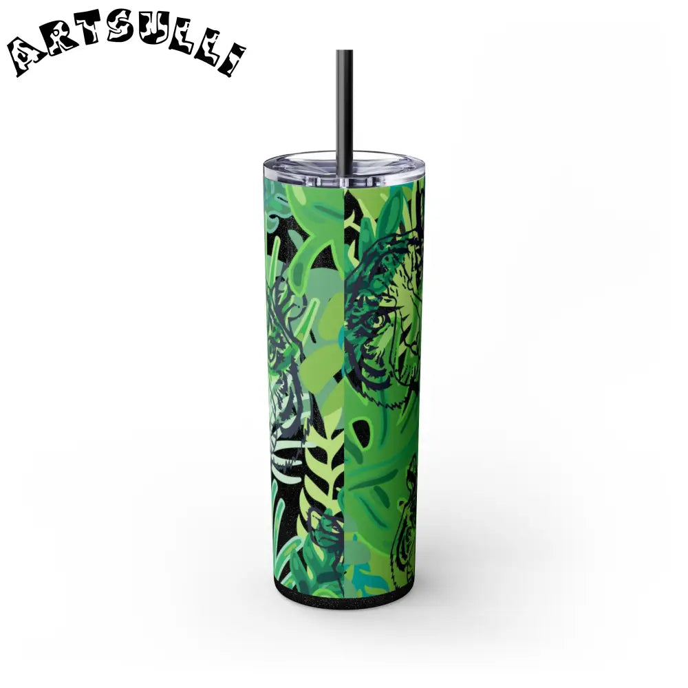 JAKKOUTTHEBXX Tropical Jungle Tigers Green Skinny Tumbler with Straw