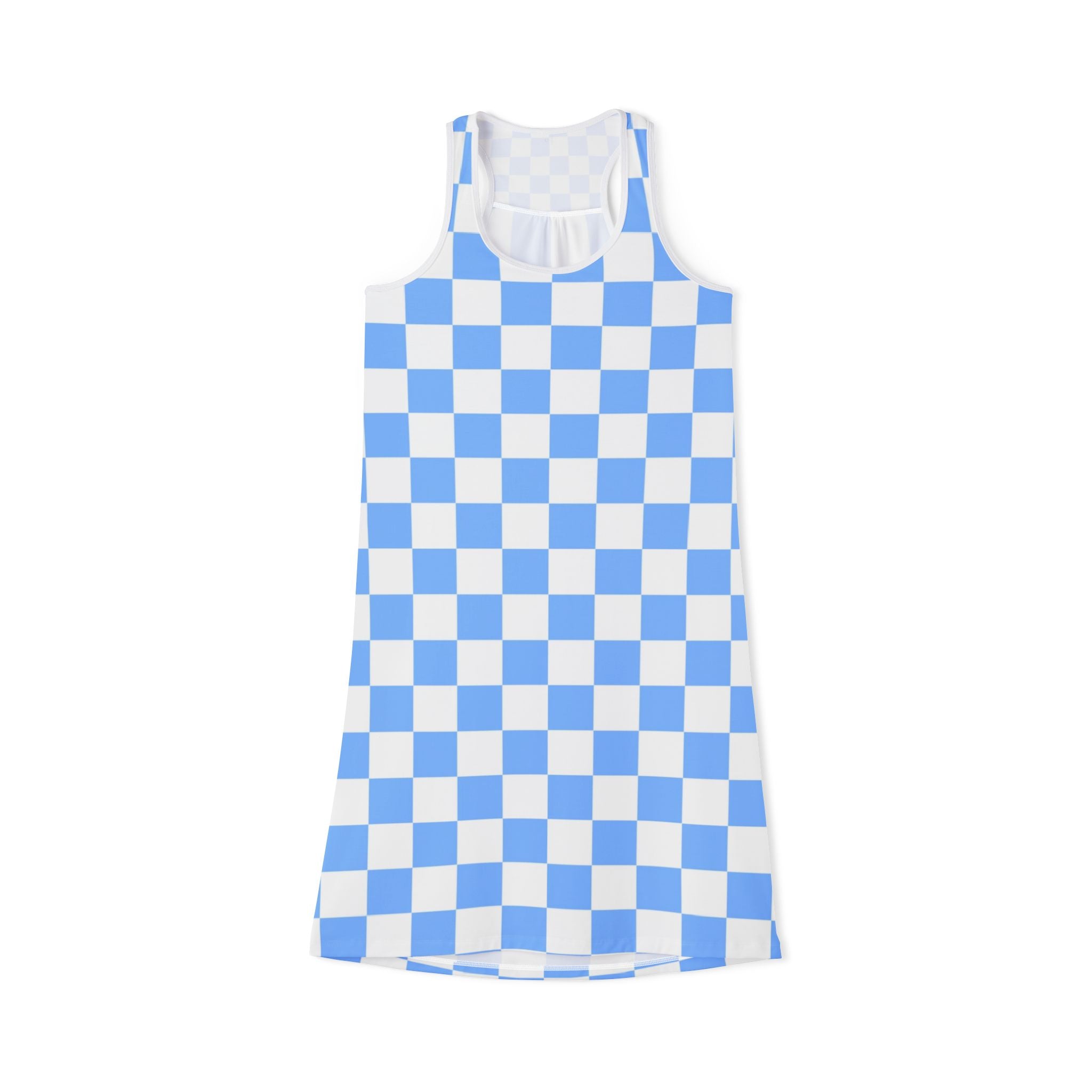 Checkerboard White and Light Blue Women's Racerback Dress (AOP), Artsulli - Art is Long, Life is Short, Tank Top, Size, XS, Color, White, , , 23914884606227611911