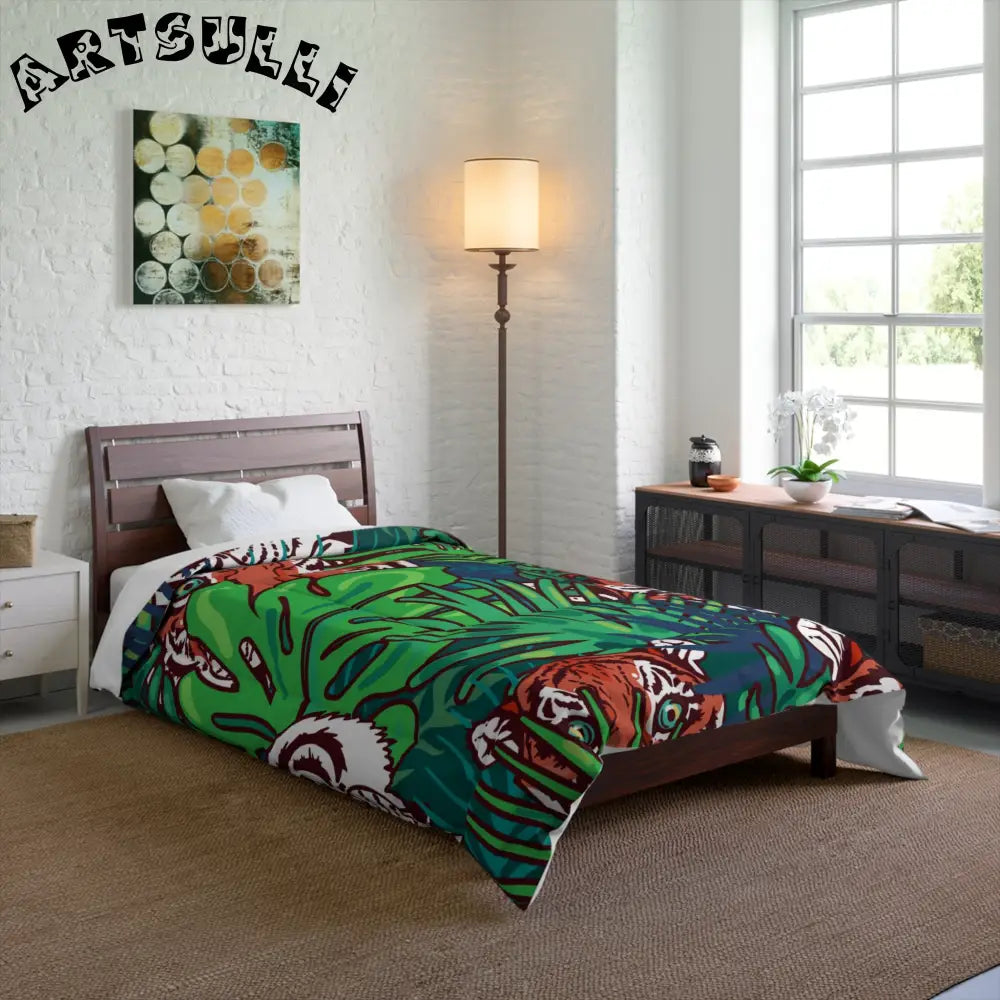 JAKKOUTTHEBXX Tropical Jungle Tigers Blue and Green Comforter