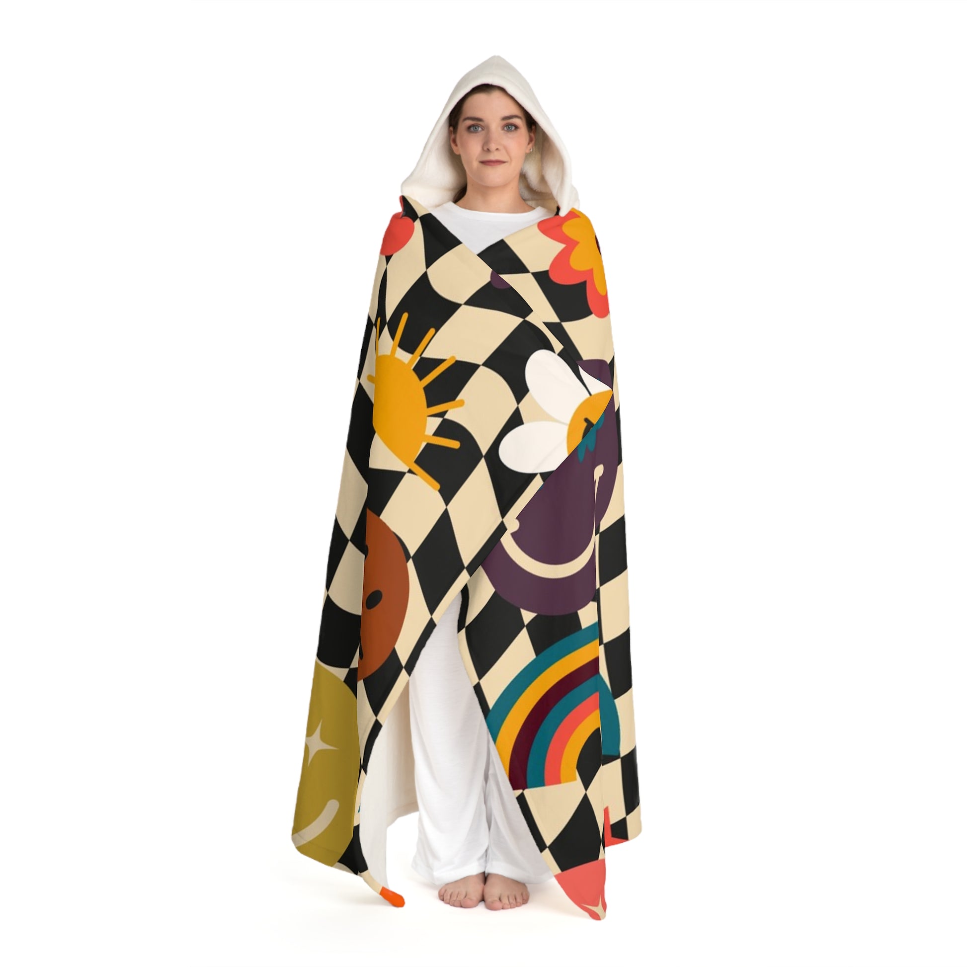 Trippy x Wavy Checkerboard x Smiley Face x Rainbow x Flowers Multi-Color Hooded Sherpa Fleece Blanket, Artsulli - Art is Long, Life is Short, All Over Prints, , , , , , , 