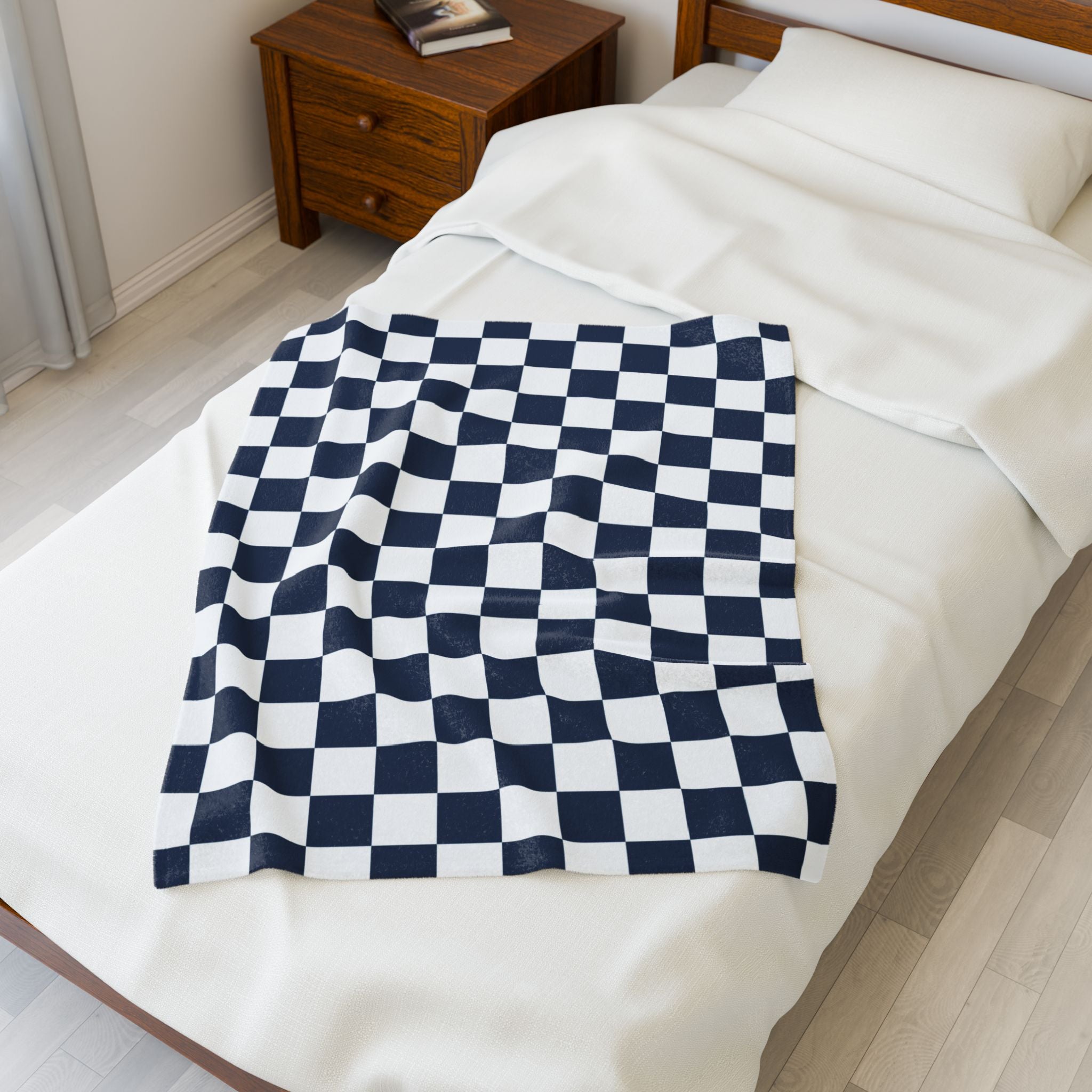 Checkerboard White and Navy Blue Velveteen Plush Blanket, Artsulli - Art is Long, Life is Short, All Over Prints, , , , , , , 
