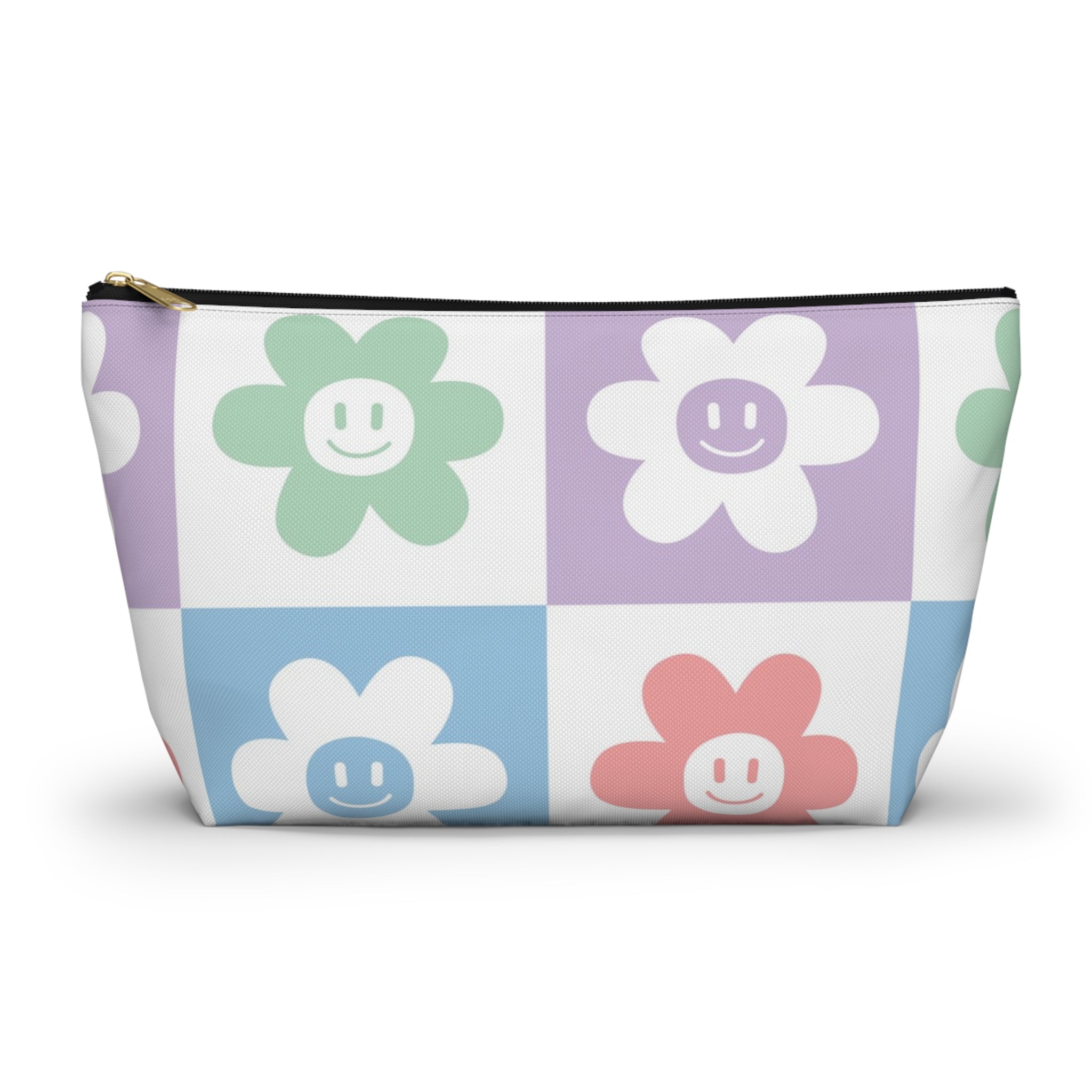 Chessboard x Smiley Face Flowers Multi-Color Accessory Pouch w T-bottom, Artsulli - Art is Long, Life is Short, Bags, Size, Large, Color, Black zipper, , , 18071548688347472729