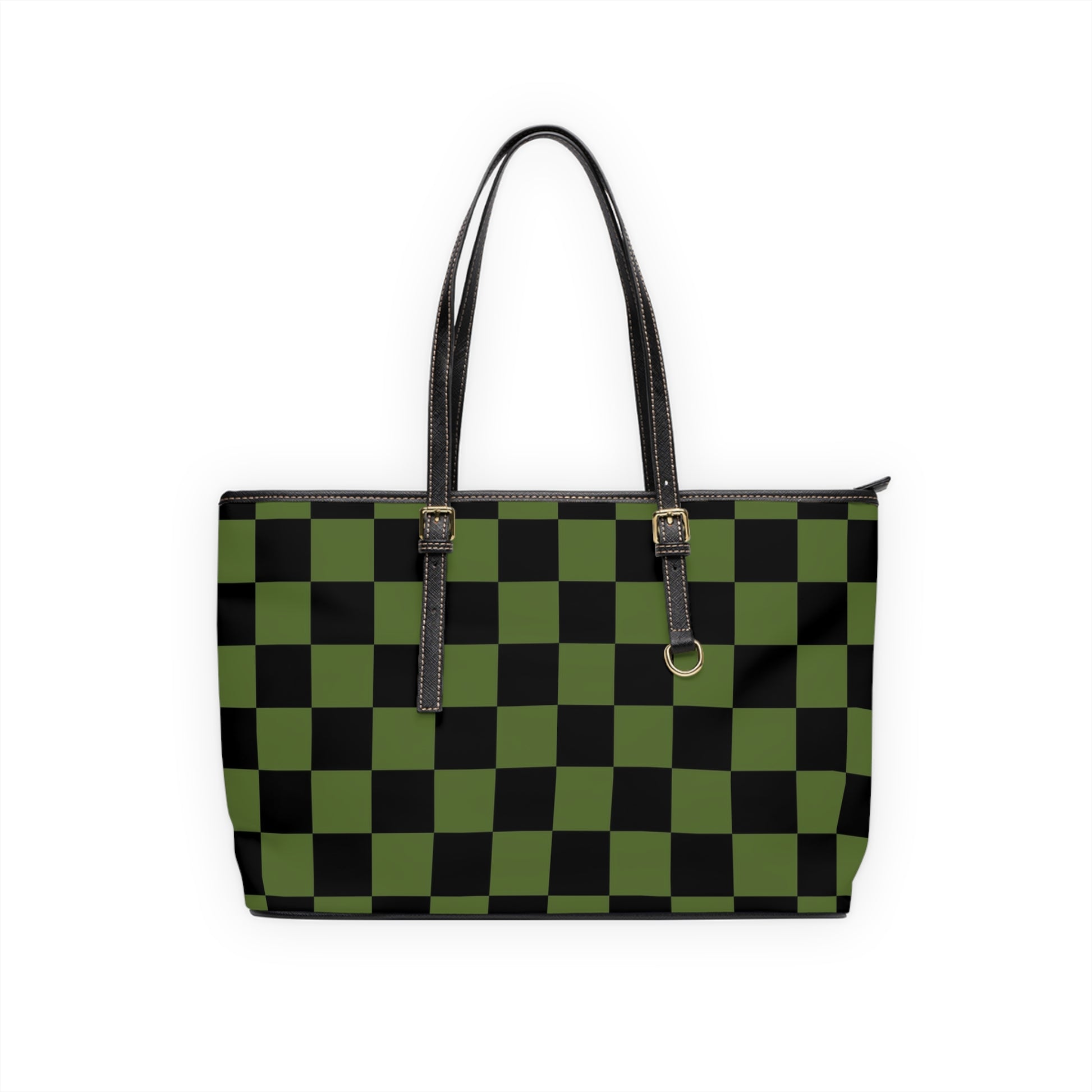 Checkerboard Olive Green and Black PU Leather Shoulder Bag, Artsulli - Art is Long, Life is Short, Bags, Size, 17" x 11", Color, Black, , , 22800439766424374974