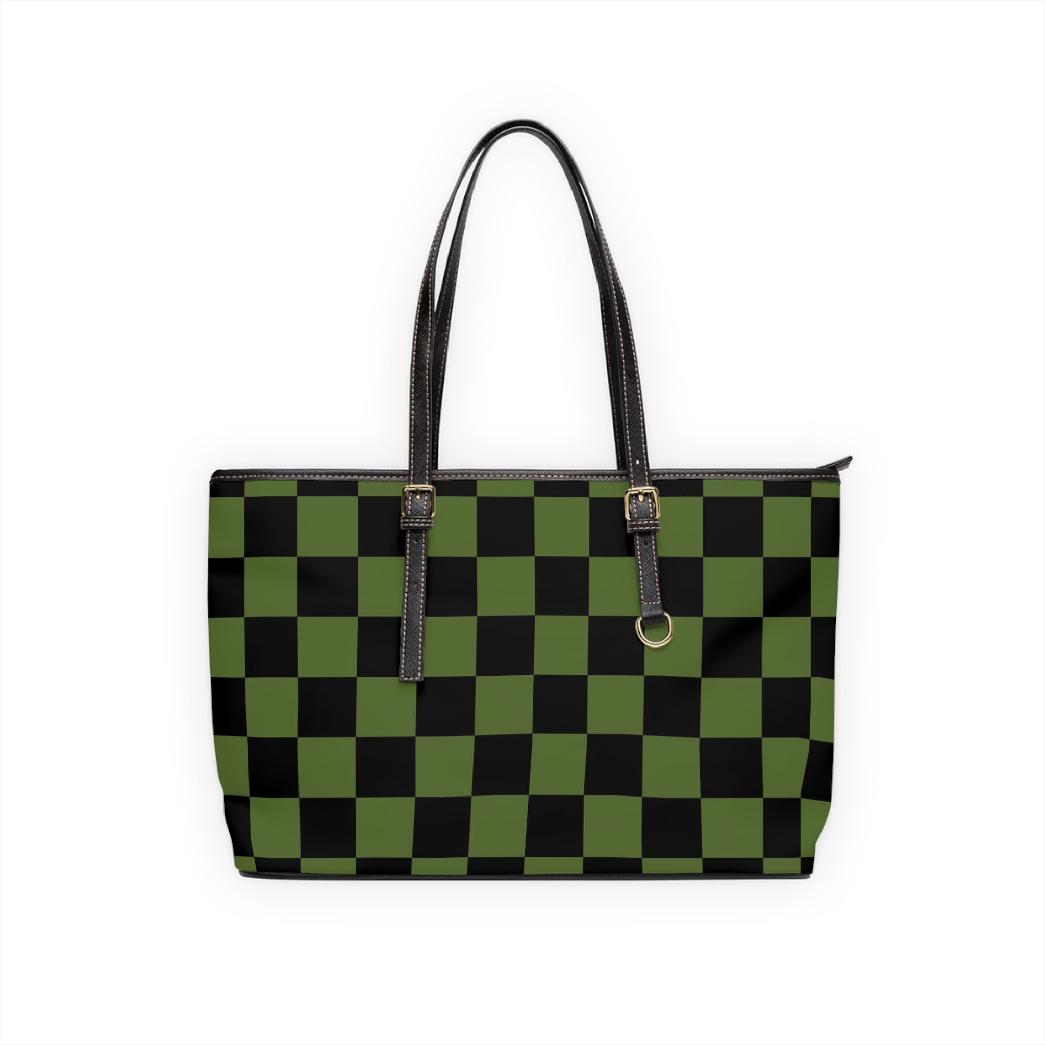 Checkerboard Olive Green and Black PU Leather Shoulder Bag, Artsulli - Art is Long, Life is Short, Bags, Size, 17" x 11", Color, Black, , , 22800439766424374974