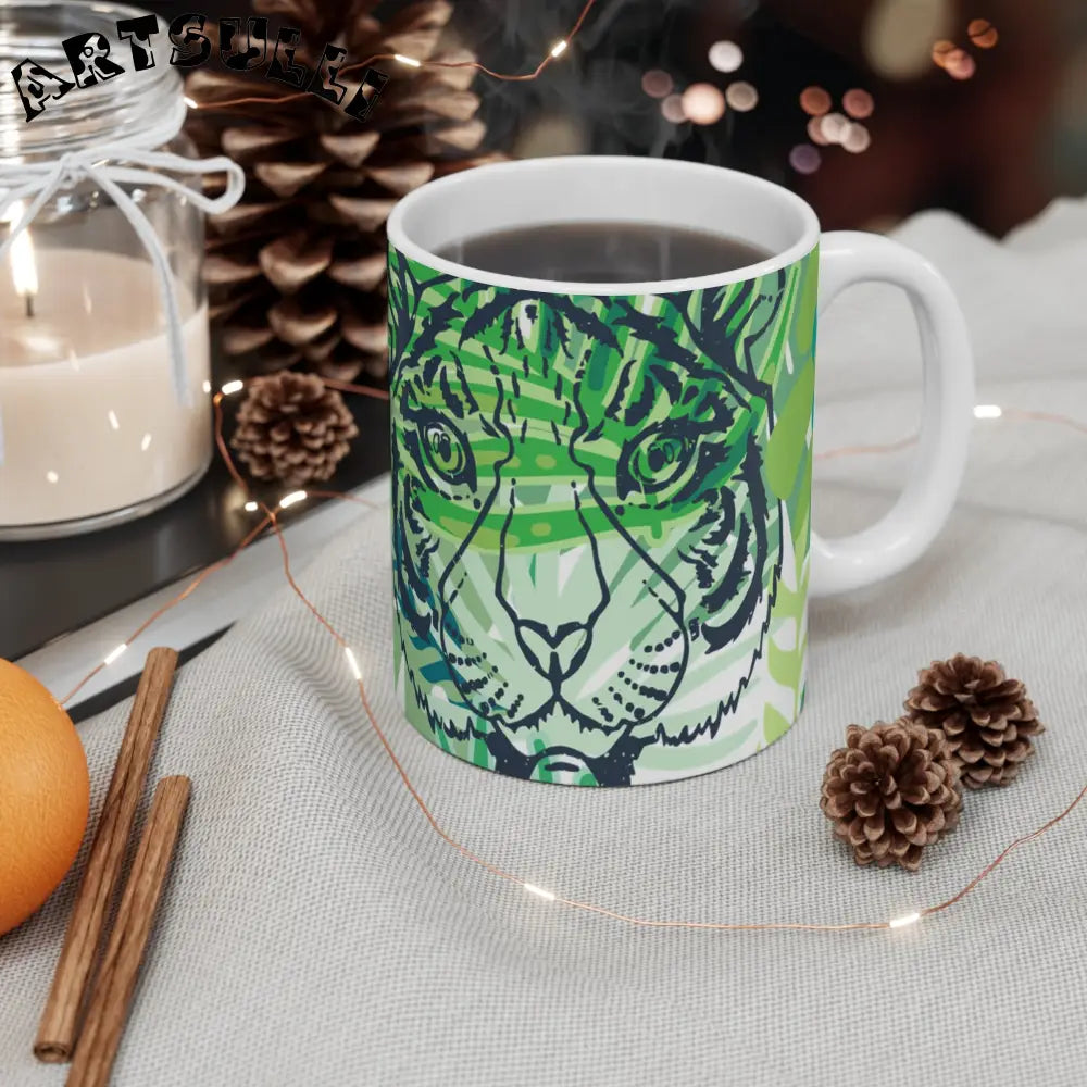JAKKOUTTHEBXX Tropical Jungle Tigers Green Mug 11oz JAKKOUTTHEBXX