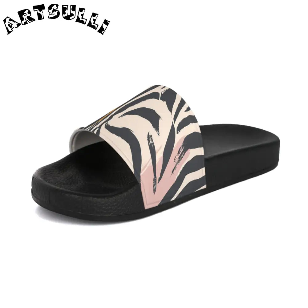 JAKKOUTTHEBXX Black Slide Sandals with Tiger Stripe Strap