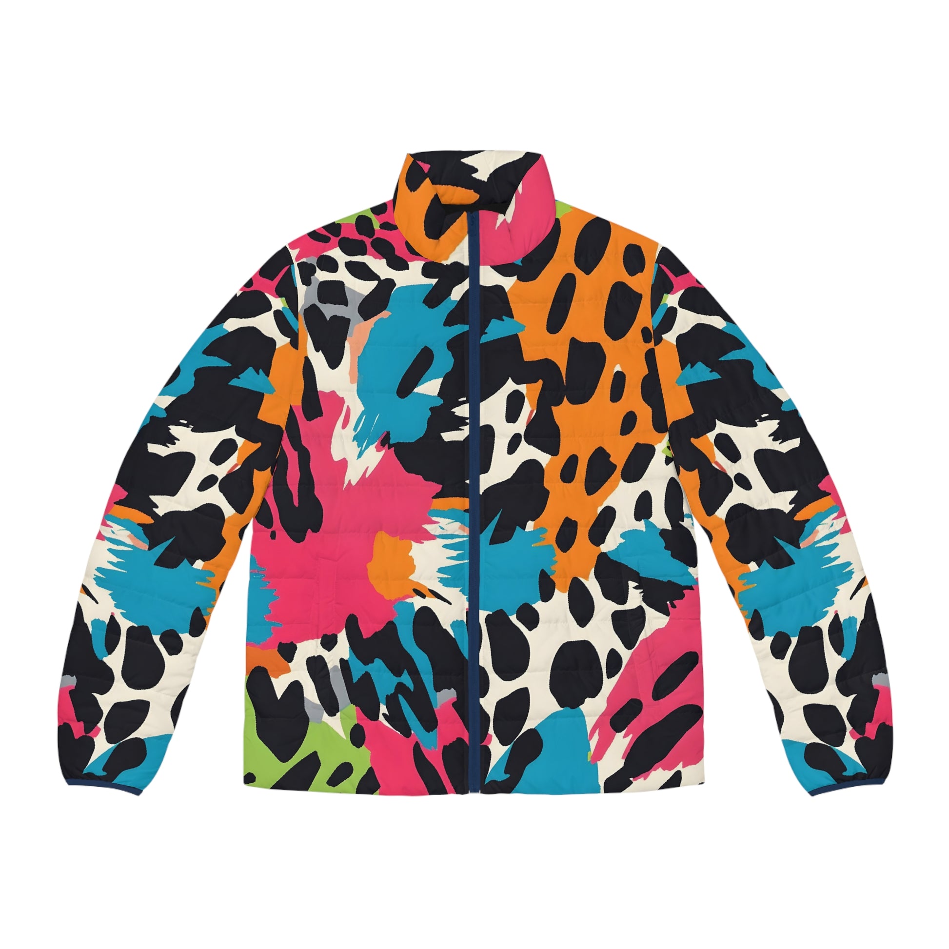 Wild Brush Strokes x Animal Print Multi-Color  Men's Puffer Jacket (AOP), Artsulli - Art is Long, Life is Short, All Over Prints, Size, S, Color, Dark blue zipper, , , 10816485236908832485