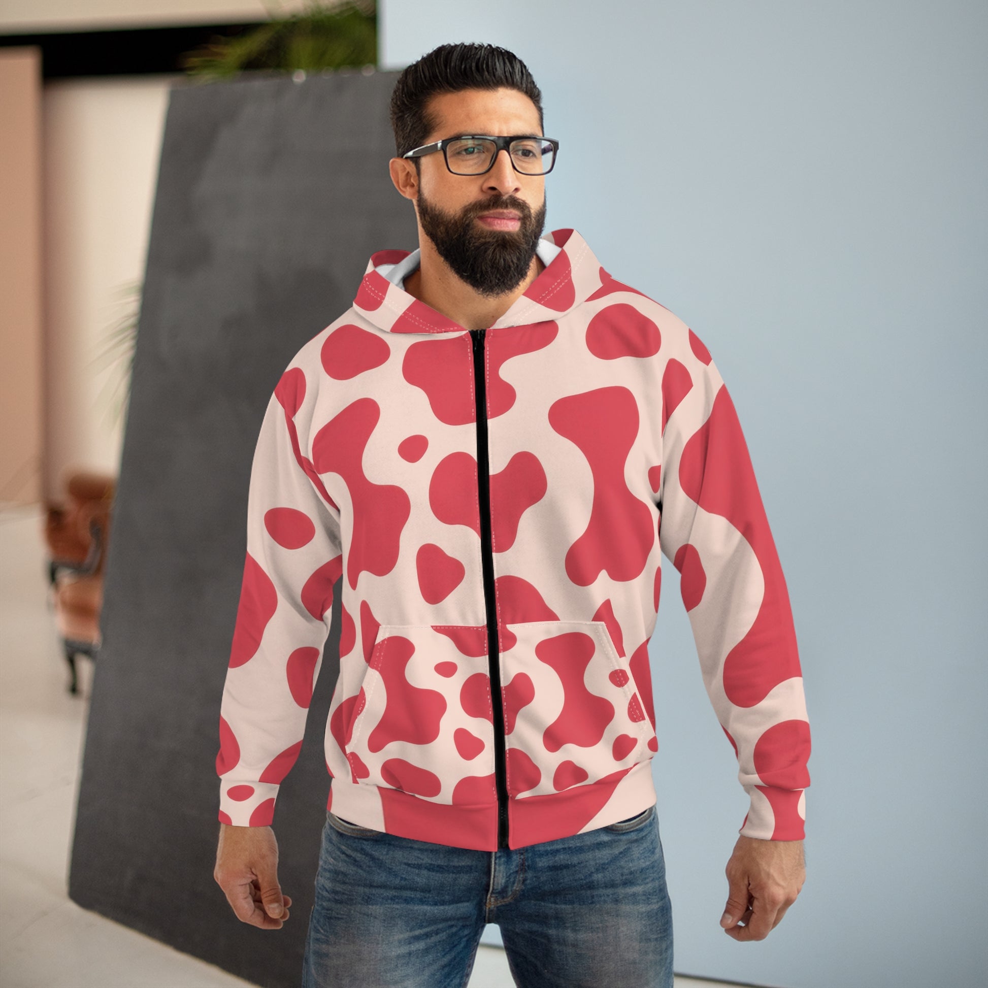 Red Jungle Cow Unisex Zip Hoodie (AOP), Artsulli - Art is Long, Life is Short, All Over Prints, , , , , , , 