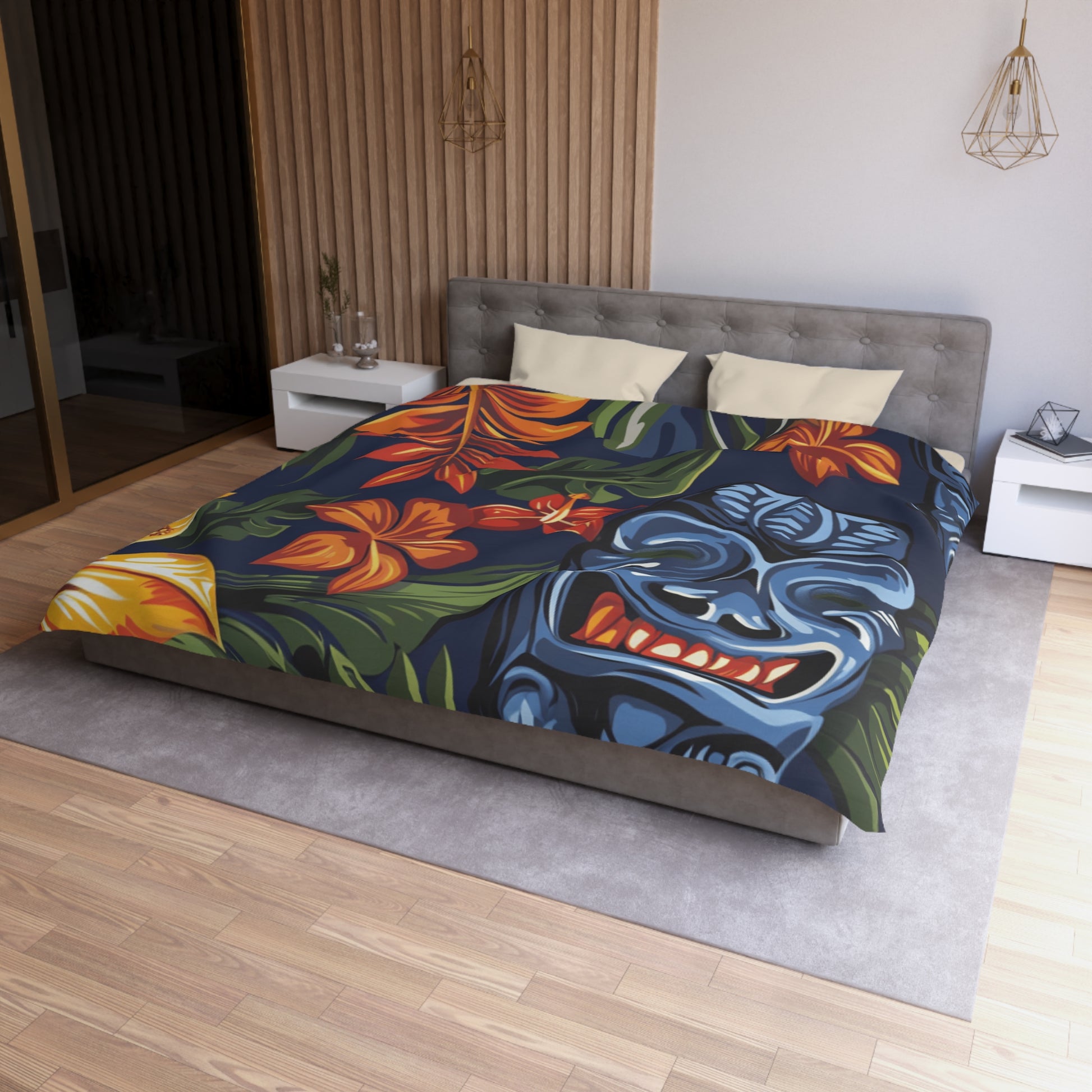 Tiki Bloom Navy Microfiber Duvet Cover, Artsulli - Art is Long, Life is Short, Home Decor, , , , , , , 