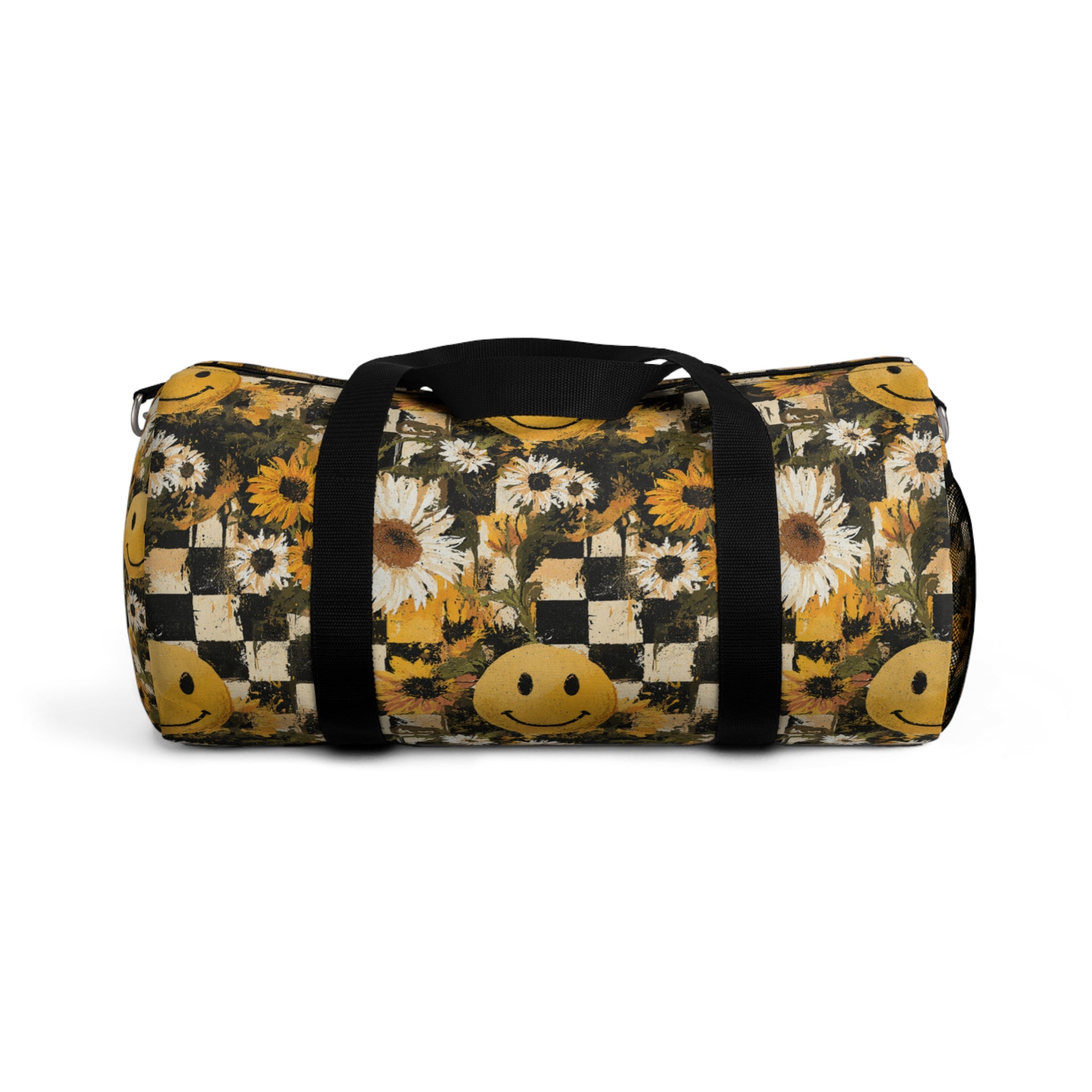 Smiley Face x Checkerboard x Sunflowers x Trippy x Vintage II Black and Yellow Duffel Bag, Artsulli - Art is Long, Life is Short, Bags, Size, Small, , , , , 91639846665417147960