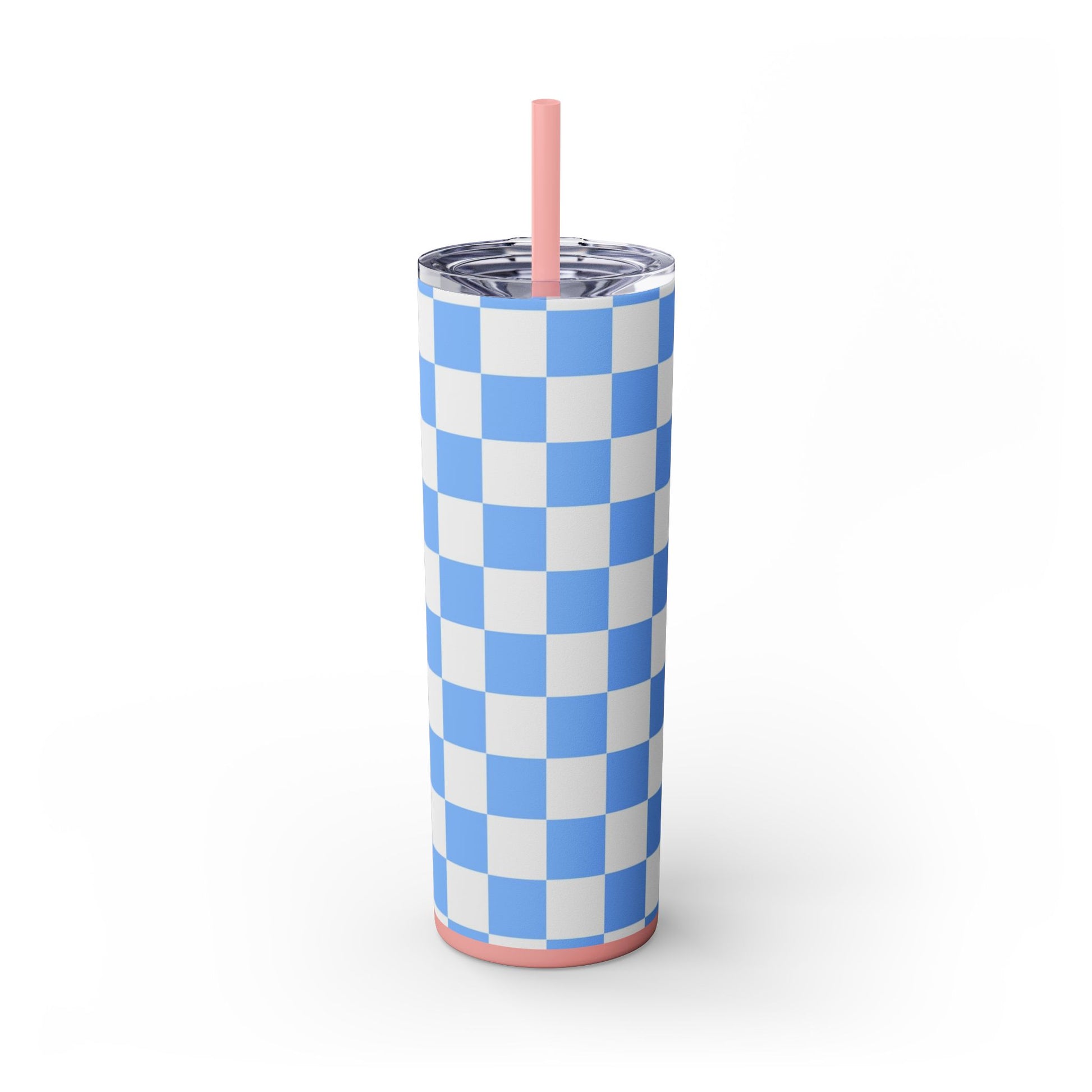 Checkerboard White and Light Blue Skinny Tumbler with Straw, 20oz, Artsulli - Art is Long, Life is Short, Mug, , , , , , , 