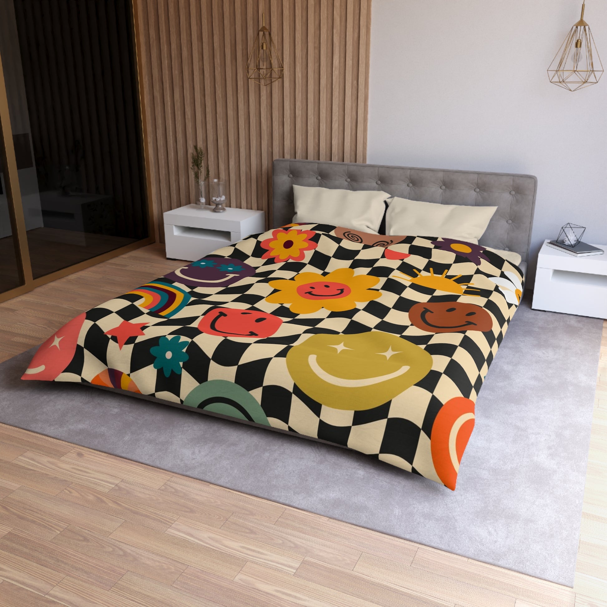 Trippy x Wavy Checkerboard x Smiley Face x Rainbow x Flowers Multi-Color Microfiber Duvet Cover, Artsulli - Art is Long, Life is Short, Home Decor, , , , , , , 