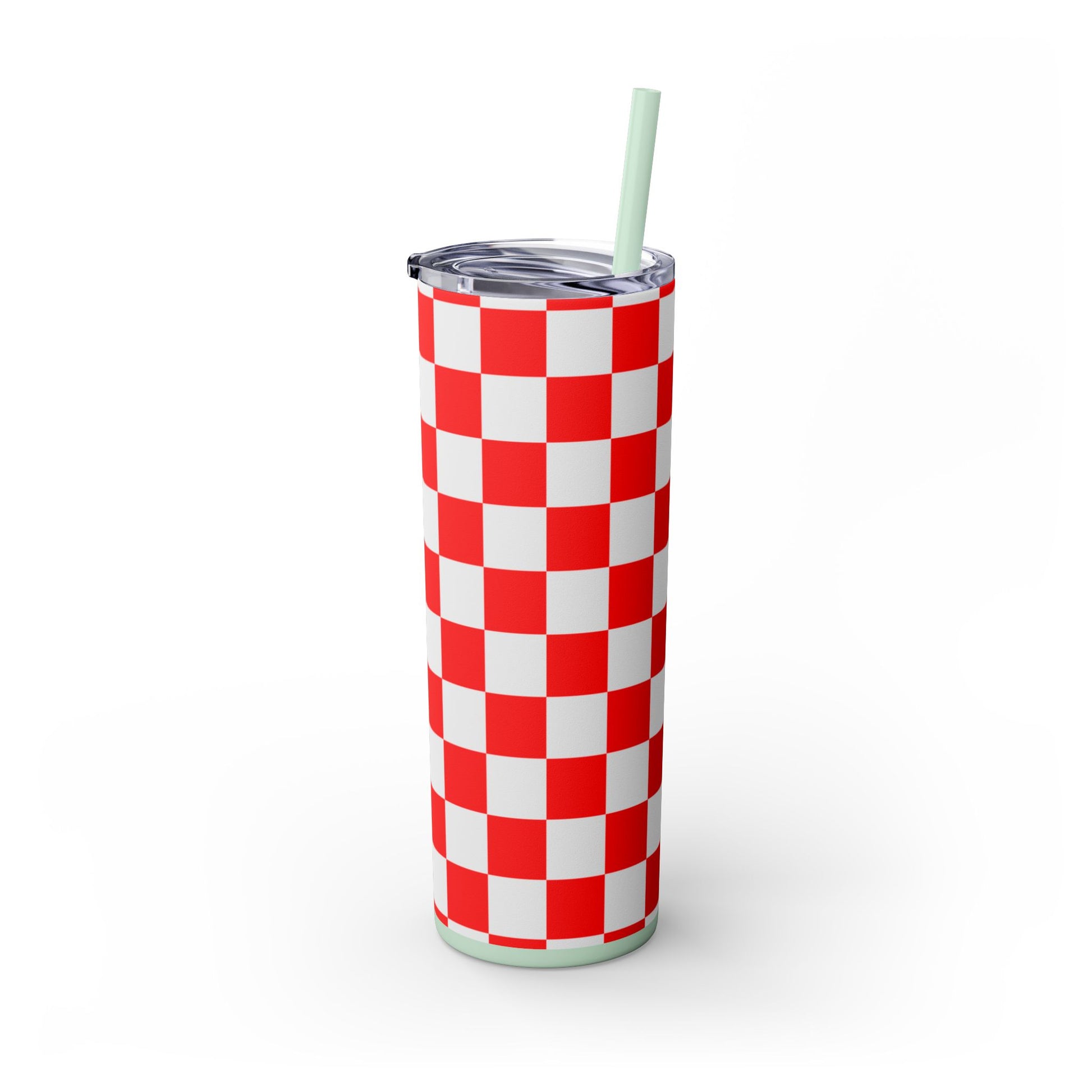 Checkerboard Red and White Skinny Tumbler with Straw, 20oz, Artsulli - Art is Long, Life is Short, Mug, , , , , , , 
