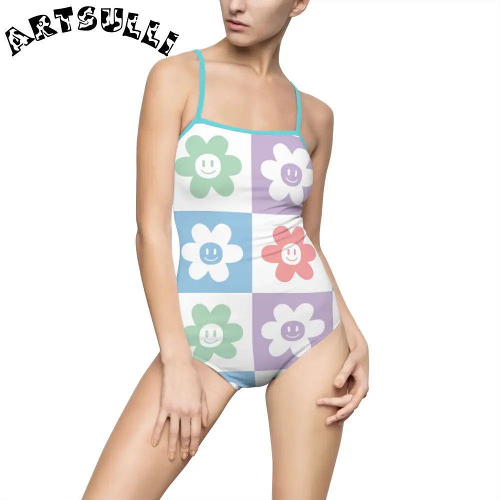 JAKKOUTTHEBXX Smiling Flower Checkerboard One-Piece Swimsuit 2025