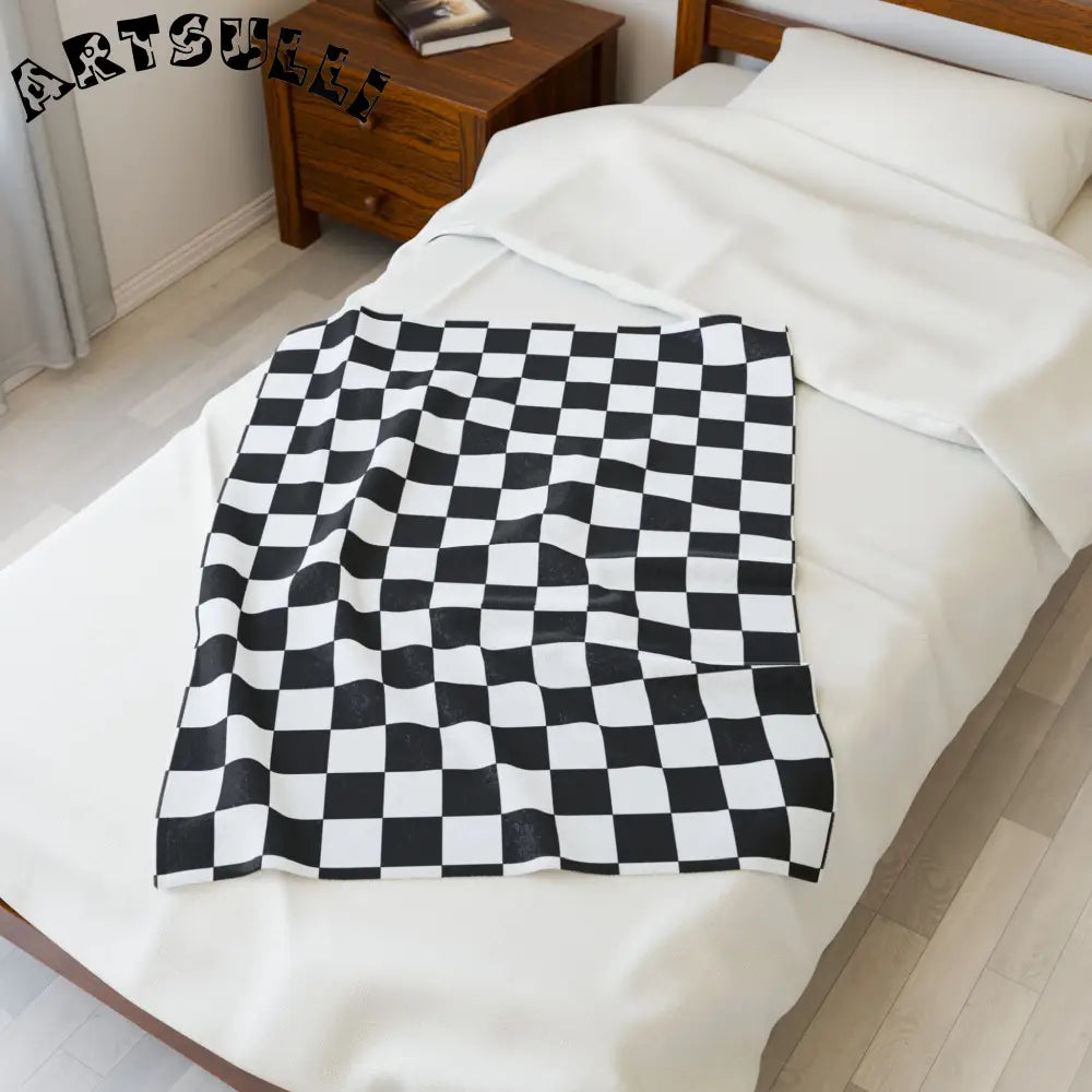 JAKKOUTTHEBXX Checkerboard White and Black Velveteen Plush Blanket