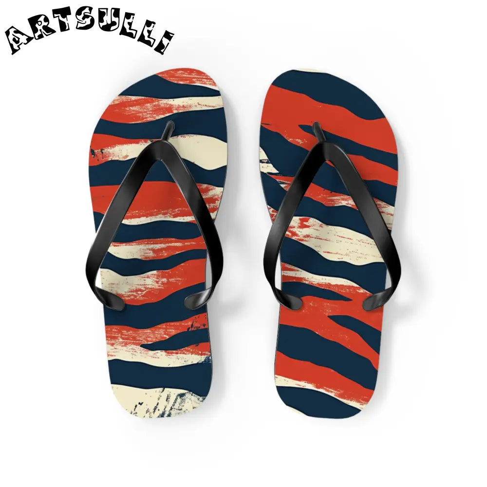 JAKKOUTTHEBXX Red White Blue Abstract Striped Flip Flops