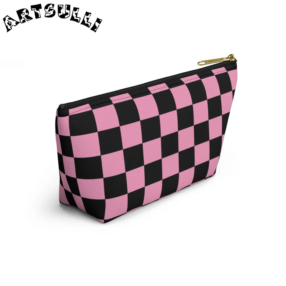 JAKKOUTTHEBXX Checkerboard Black and Pink Accessory Pouch w T-bottom