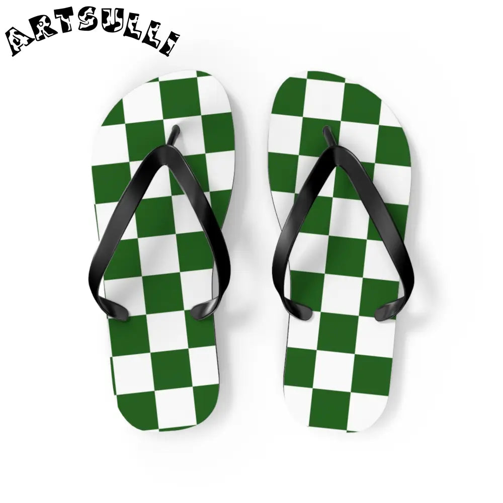 JAKKOUTTHEBXX Checkerboard White and Dark Green Flip Flops