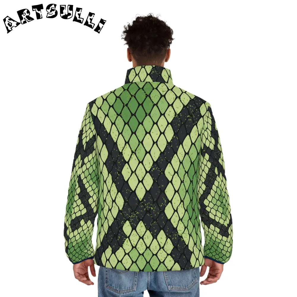 JAKKOUTTHEBXX Snake Skin Green and Black Men’s Puffer Jacket (AOP)